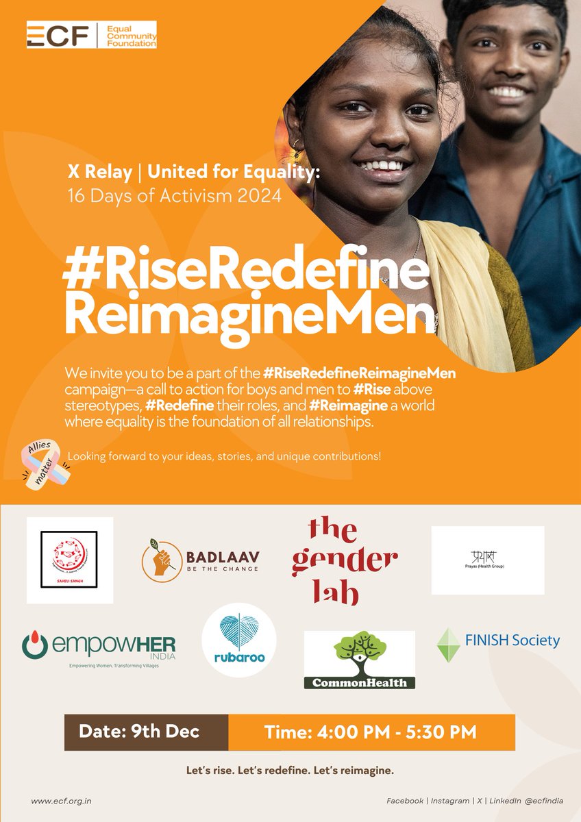 ECF India (@ecfindia) on Twitter photo We are thrilled to invite you to join a transformative campaign:#RiseRedefineReimagineMen.
Letโs rise for equality. Share this, spread the word, and create change!
<a href="/SanghSaheli/">Saheli Sangh</a> <a href="/empowHER_India/">empowHER India</a> <a href="/RubarooHyd/">Rubaroo</a> @thegenderlab <a href="/Badlaav4/">Badlaav</a> <a href="/Commonhealth3/">Commonhealth</a> <a href="/FINISH_Society/">FINISH Society</a> <a href="/prayashealth/">Prayas,Health Group</a> We are thrilled to invite you to join a transformative campaign:#RiseRedefineReimagineMen.
Letโs rise for equality. Share this, spread the word, and create change!
<a href="/SanghSaheli/">Saheli Sangh</a> <a href="/empowHER_India/">empowHER India</a> <a href="/RubarooHyd/">Rubaroo</a> @thegenderlab <a href="/Badlaav4/">Badlaav</a> <a href="/Commonhealth3/">Commonhealth</a> <a href="/FINISH_Society/">FINISH Society</a> <a href="/prayashealth/">Prayas,Health Group</a>