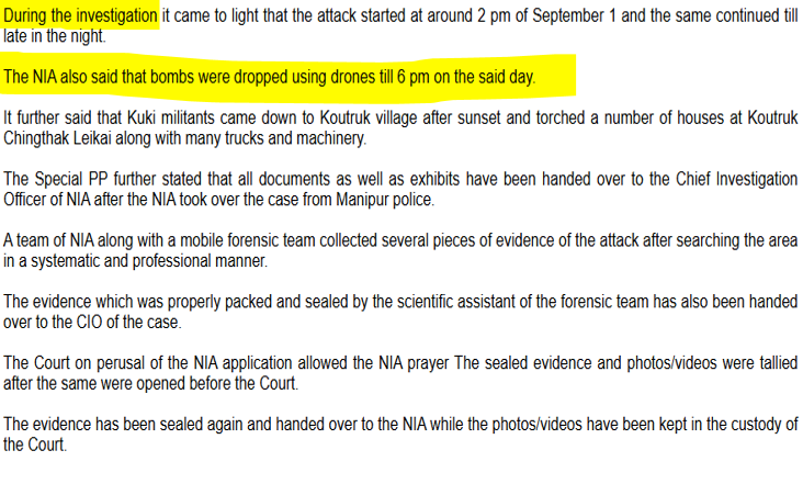 Gooner_Homer's tweet photo. 🚨BREAKING | "bombs were dropped using drones" - NIA Investigation Report

During the @NIA_India investigation it came to light that:

- The Kuki Terrorists started Attack at around 2 pm of September 1 and the same continued till late in the night.
- Bombs were dropped using drones till 6 pm on the said day i.e 1st of September.
- Kuki Terrorists came down to Koutruk village after sunset and torched a number of houses at Koutruk Chingthak Leikai along with many trucks and machinery.
- A 31 year old Meitei lady was killed in the attack while her minor daughter sustained serious injuries.

Special Public Prosecutor of the NIA further said that Kuki Terrorists dropping bombs on civilians from high altitude using drones is a Serious Threat to the Nation.

Now, who is the lying Bi@tch @paolienlal? 
Caught Lying again? The only reason you are on X is to Spread misinformation and fuel the Violence.

 It’s one thing for Kuki criminal leaders like him to fabricate stories to cover up the war crimes committed by their community, but why would retired officials like @LtGenPCN of @official_dgar join this campaign of deception?

What are their motives for shielding Kuki terrorists? 
And why did #GeneralUpendraDwivedi also echo Lt Gen PK Nair in dismissing the reports of "drone bombing"?

This coordinated effort raises serious questions about their Intentions and Integrity.

https://t.co/HIq6vK5fhe
#KukiTerrorists #KukiWarCrimes
@AbhijitChavda @RituRathaur 
@MumbaichaDon @DivyaSoti @kartikeya_1975
@vijaygajera @ARanganathan72 @JournoAshutosh
@BhardwajAnanya @AnirudhaBhakat @SandipGhose
@AnchorAnandN @LamaPrawesh @MNageswarRaoIPS
@tehseenp @sumit_kochhar @BSF_India @8Bncrpf  @Spearcorps @manipur_police
@kuldiep86 @NBirenSingh @crpfindia