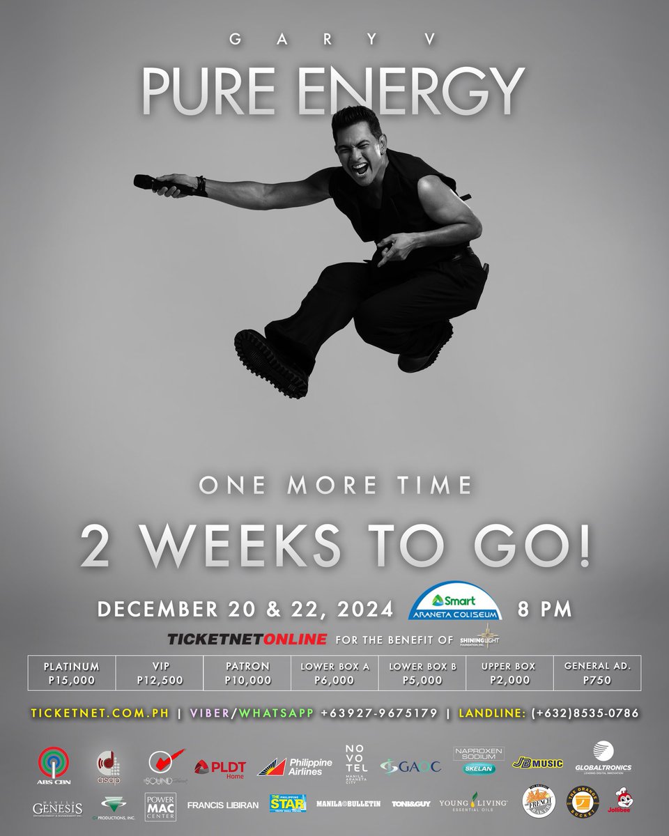 TheBigDome's tweet photo. 2 WEEKS TO GO 'til GARY V PURE ENERGY: One More Time Concert! 

Buy tickets at https://t.co/0jNiYBuPKc

PLATINUM ₱15,000
VIP ₱12,500
PATRON ₱10,000
LBA ₱6,000
LBB ₱5,000
UPPER BOX ₱2,000
GEN AD ₱750

#PureEnergyONEMORETIME #GaryVPureEnergy
#GaryValencianoatTheBigDome https://t.co/xuU8BZsuU6