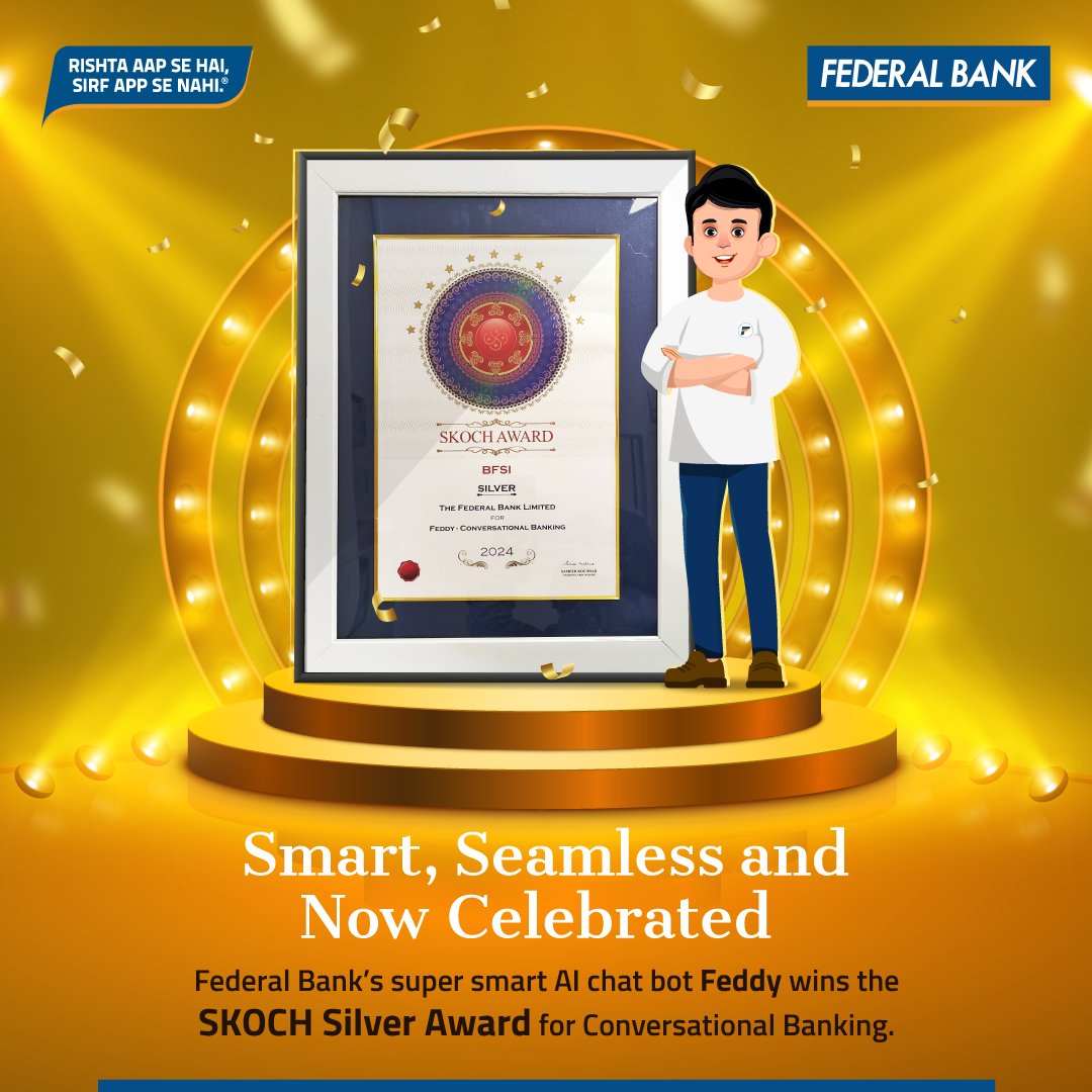 FederalBankLtd's tweet photo. Our super smart AI Chat Bot Feddy has won the SKOCH Silver Award for its innovative feature - Conversational Banking. The award was conferred at the 100th SKOCH Summit held in PHD House, Haus Khaz, New Delhi.

#FederalBank #SKOCHAward #Feddy #ConversationalBanking https://t.co/vAQJ53KzKm