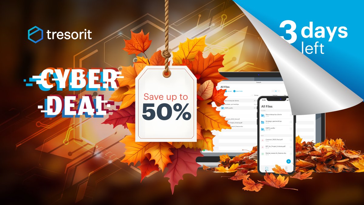 Will Santa bring Tresorit subscription for your employees this year? 
Upgrade your data protection strategy this Cyber Sale with up to 50% off Tresorit’s encrypted cloud services.  
Don’t wait, secure your business today 👉 tresorit.com/cyber-sale

#CyberSale #CyberDeal #Tresorit