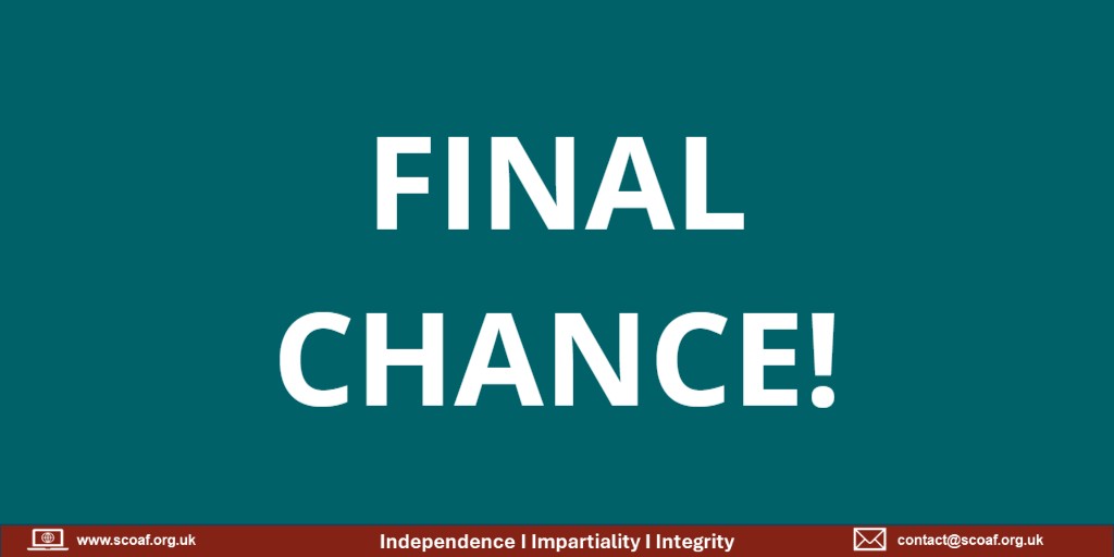 As SCOAF prepares its Annual Report for 2024, this is your last chance for your Service Complaints feedback to feature in the report. 

Please fill in the Service Complaints User Feedback Survey today.

ow.ly/oEcr50QIICo