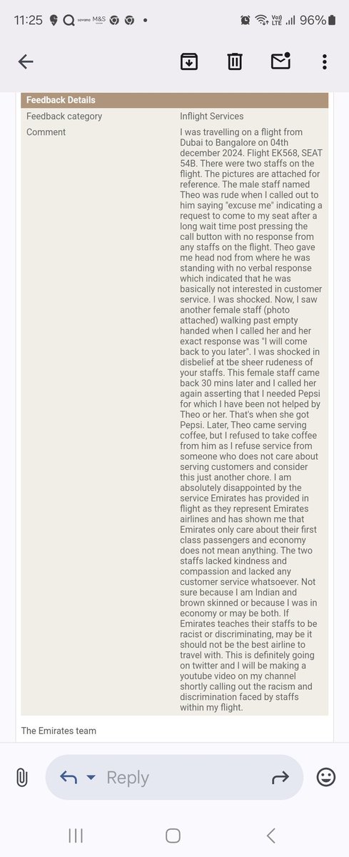 Soniyask01's tweet photo. @emirates @EmiratesSupport The worst flight of my life goes to Emirates, thanks to the racism and discrimination by two staffs, pics below. Complained to emirates and time to see how much Emirates really care or they bribed to get the best airlines award. https://t.co/iOBd4v93W9