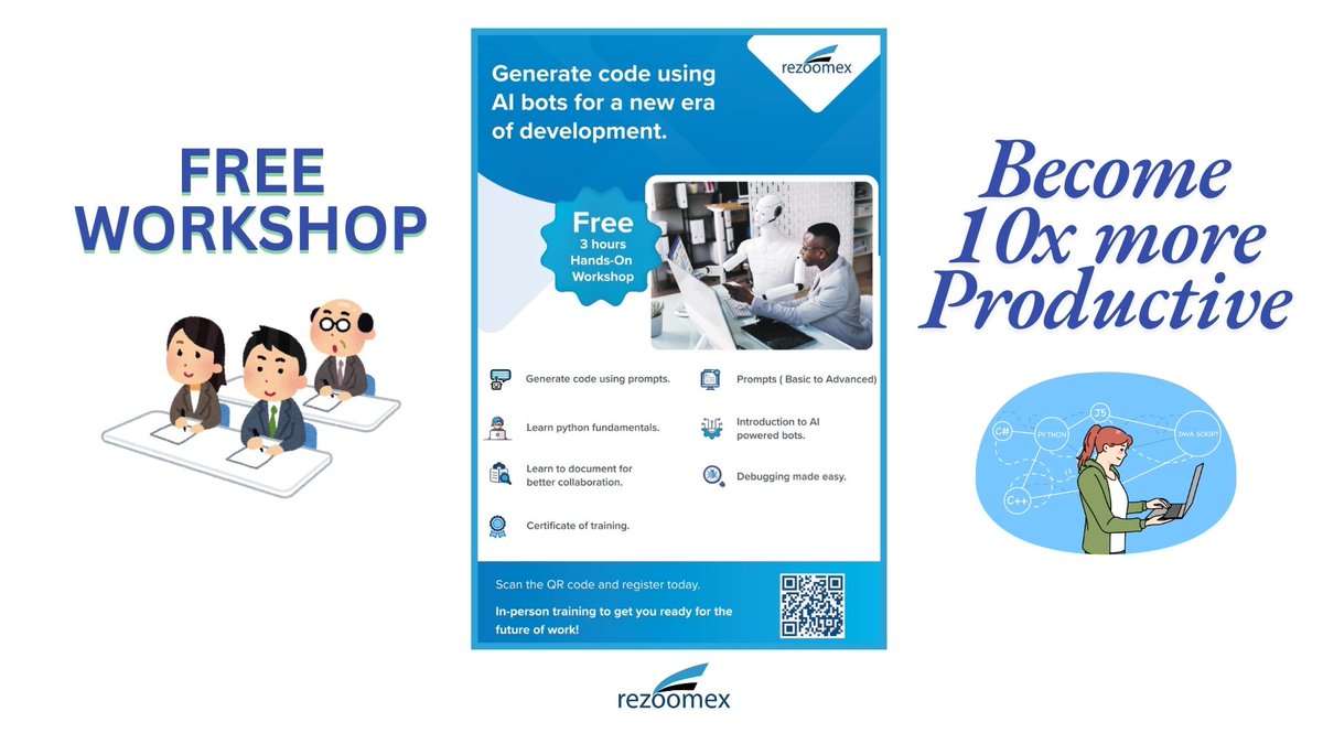 Rezoomex's tweet photo. The Future of Coding is Here!
Why spend hours writing code manually when AI bots can help:
✅ Generate functional code in minutes.
✅ Save 50% of your development time.
✅ Stay ahead with cutting-edge tech skills.
Join workshop: Code Generation with AI Bots.
 Scan &amp; register now! https://t.co/CCnV4qyGU5