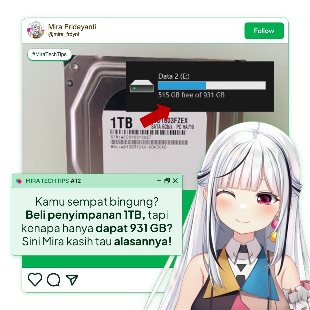 mira_frdynt's tweet photo. Kamu beli hardisk 1TB, tapi saat dicek di komputer, kapasitasnya hanya sekitar 931GB. Kok bisa begitu? 🤔

Jawabannya ada pada perbedaan sistem perhitungan antara pabrikan hardisk dan komputer yang kita gunakan sehari-hari.

Yuk bahas di #MiraTechTips kali ini! https://t.co/BZsiAtfqDU