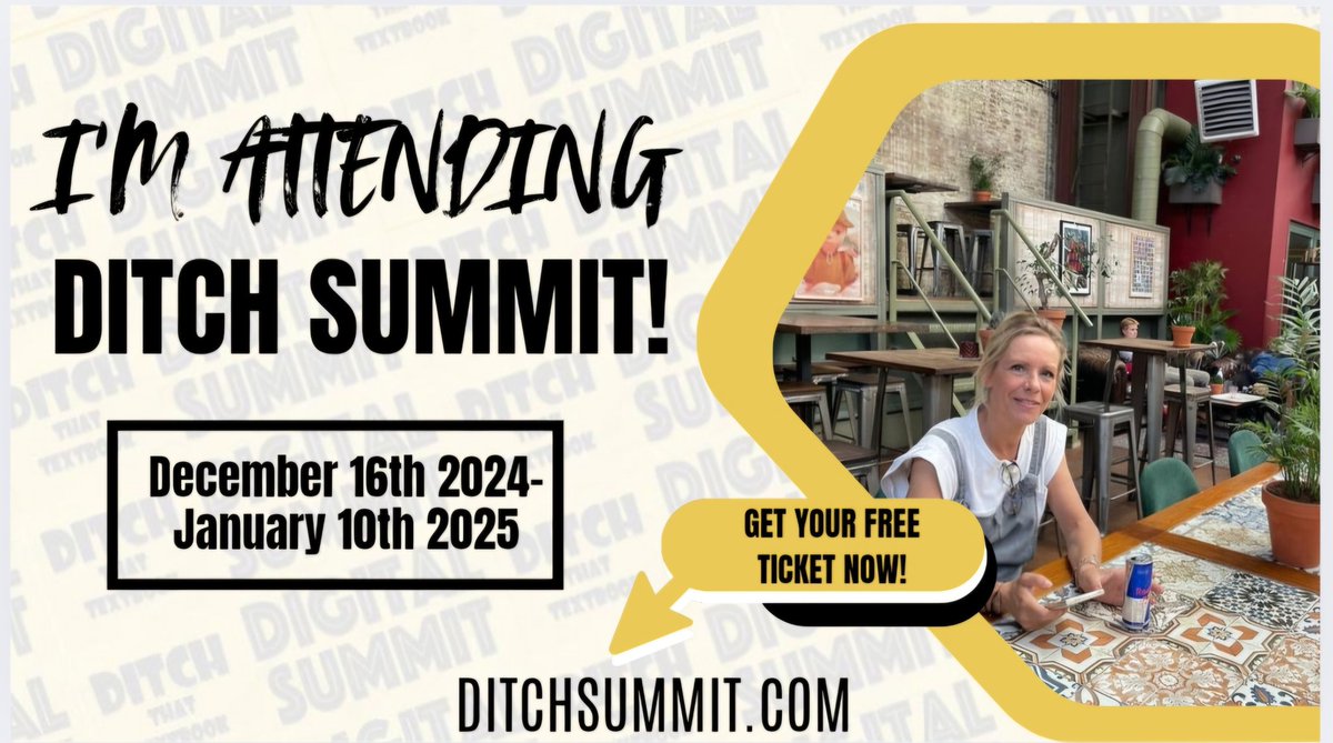 Delphine Normand (@delphinor_) on Twitter photo 🎉Over the🌜to be attending #DitchSummit FREE online conference for Educators👨🏼🏫
📆 Dec 16 to Jan 10
➡️ Register at ditchsummit.com
🔎Topics include Student Curiosity 👀, #AI 🤖, Student Voice🗣, PBL 🙆🏻🧠🗯, practical teaching ideas💡& much more!🪄🔮 <a href="/DitchThatTxtbk/">Ditch That Textbook</a> 📚🍎 🎉Over the🌜to be attending #DitchSummit FREE online conference for Educators👨🏼🏫
📆 Dec 16 to Jan 10
➡️ Register at ditchsummit.com
🔎Topics include Student Curiosity 👀, #AI 🤖, Student Voice🗣, PBL 🙆🏻🧠🗯, practical teaching ideas💡& much more!🪄🔮 <a href="/DitchThatTxtbk/">Ditch That Textbook</a> 📚🍎