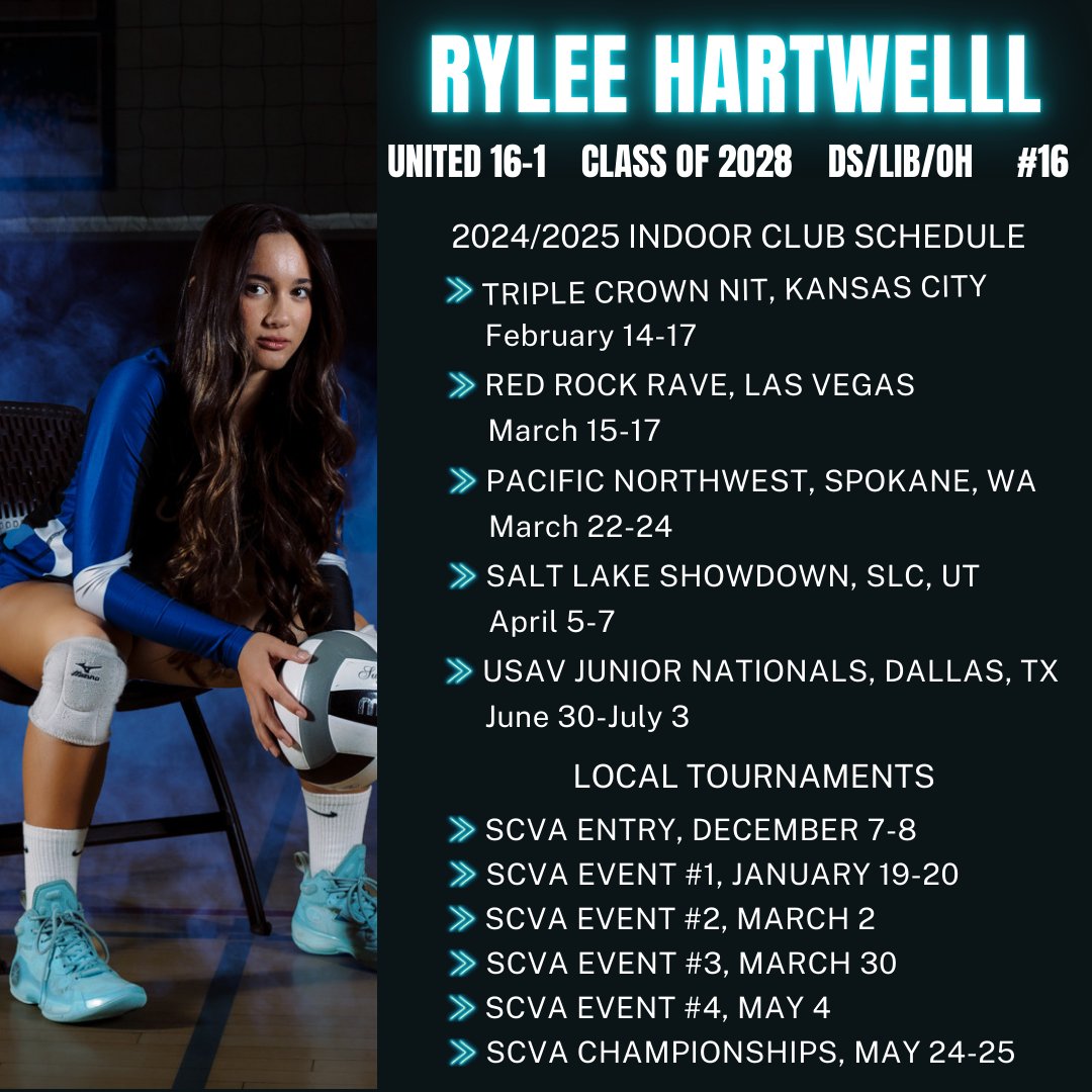 rylee_hartwell's tweet photo. 2024/2025 Indoor Club Schedule
#volleyball @PrepDigCA #SCVA #unitedvolleyballclub #california #indoorvolleyball #clubvolleyball #gjnc #usav #classof2028 #libero #defensivespecialist #outsidehitter #studentathlete #6rotationplayer https://t.co/jkbft1n11j