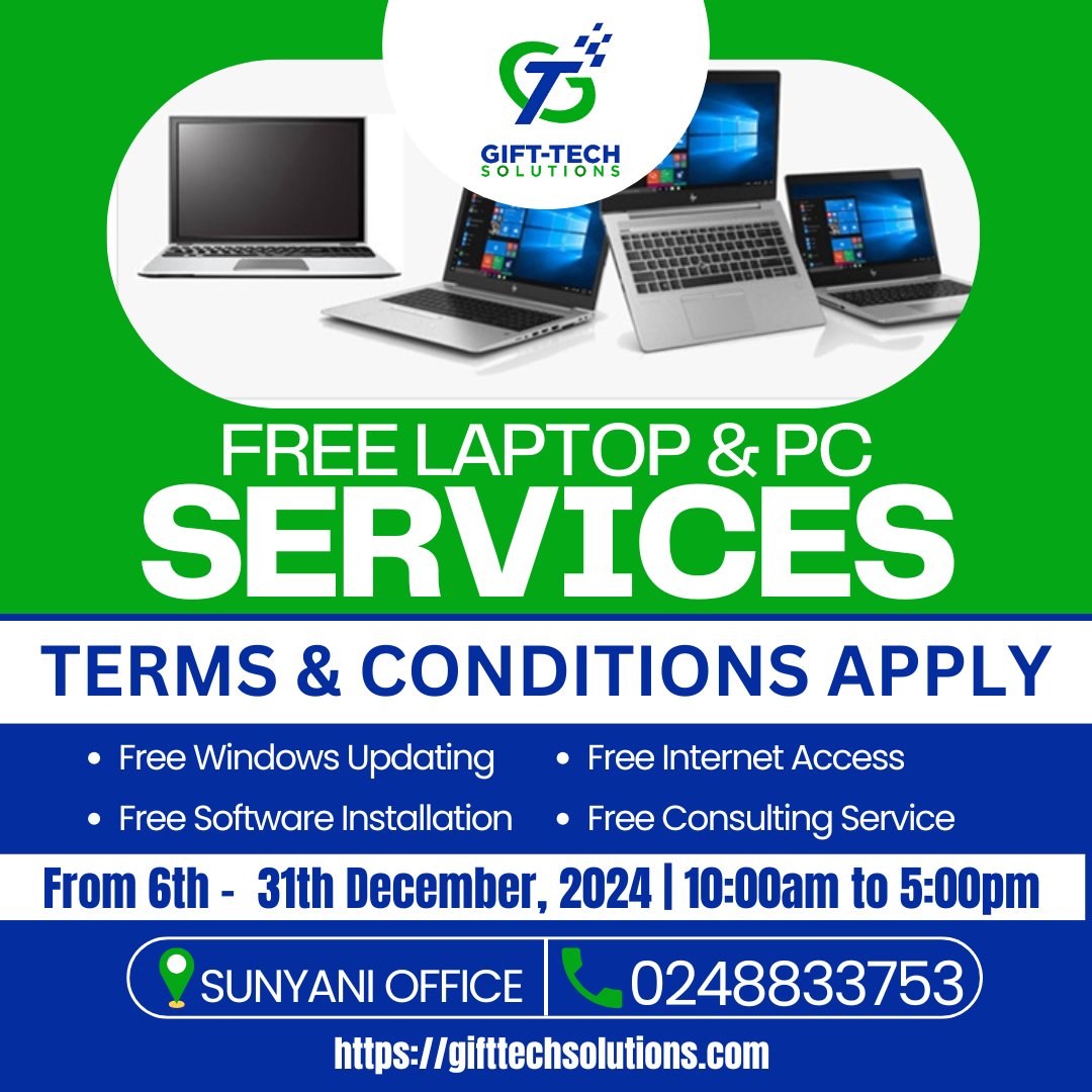 GiftTechSoluti1's tweet photo. 🎄✨ Christmas Comes Early at Gift-Tech Solutions! 🎄✨  

📢 FREE LAPTOP &amp; PC SERVICES THIS DECEMBER! 🎉 

 📅 Offer Valid: 6th December – 31st December 2024 📍

 Location: Nkwabeng, Sunyani 
📞 For More Info: Call/WhatsApp +233 248 833 753  

💡 Terms and conditions apply. https://t.co/MgYtpSR3i1