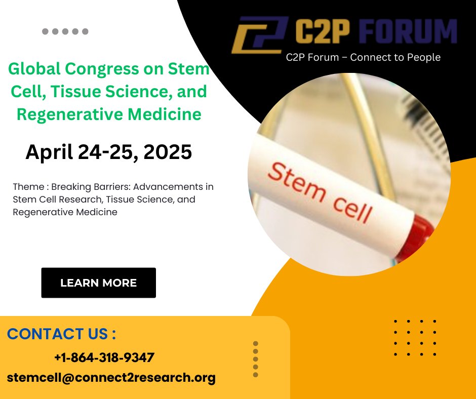 Emilytaylor4533's tweet photo. Stem cell research holds out the promise of finding cures and treatments for a wide range of diseases. Join us at the Global Congress on Stem Cell, Tissue Science, and Regenerative Medicine.
April 24-25, 2025  Paris, France
#c2pforum #stemcellconference #tissuescience https://t.co/QpjcvxA4Pq