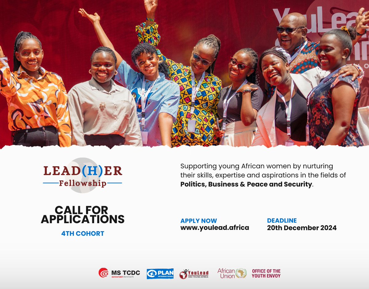 🚨Opportunity alert!🚨

@oneyoungafrica, @au_youthenvoy, @mstcdc and <a href="/PlanMEESA/">Plan MEESA</a> are excited to announce the call for applications for the 4th cohort of the <a href="/LeadHerFellows/">Lead(H)er Fellowship</a>✨

Click here 👉🏾 portal.youlead.africa/public/events to APPLY NOW.