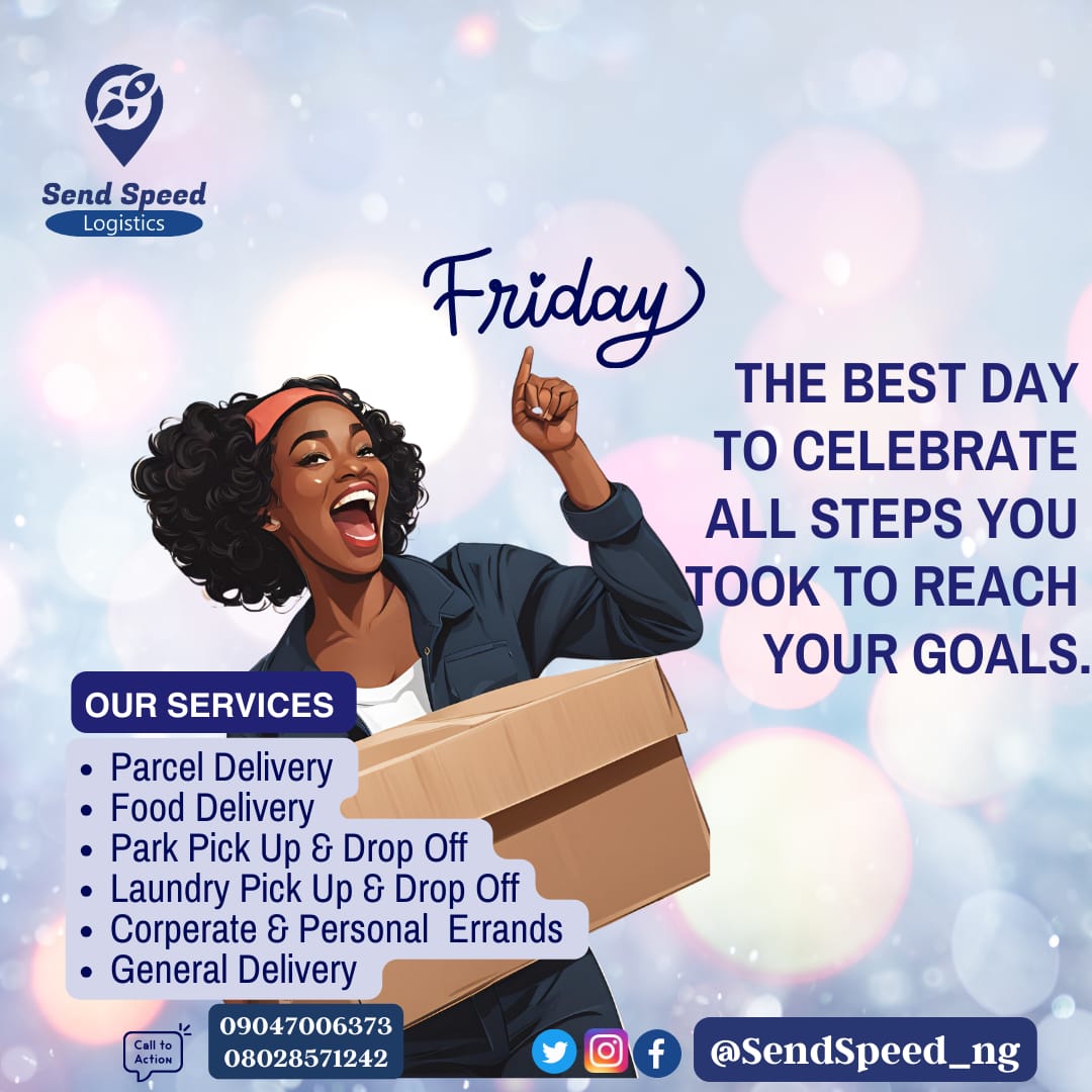 SendSpeed_ng's tweet photo. Celebrate all the steps you took to reach your goals...
💃🏻👏🏼🥂
🛵🛵🛵

Hello Friday 
@SendSpeed_ng cares
Your Reliable Partner
Call Now
💌☎️09047006373 / 08028571242
#Everydayerrands
#fridaydelivery
#seasonsgreetings
#decemberdelivery #warridelivery
#doorstepdelivery https://t.co/qO7GWthAx9