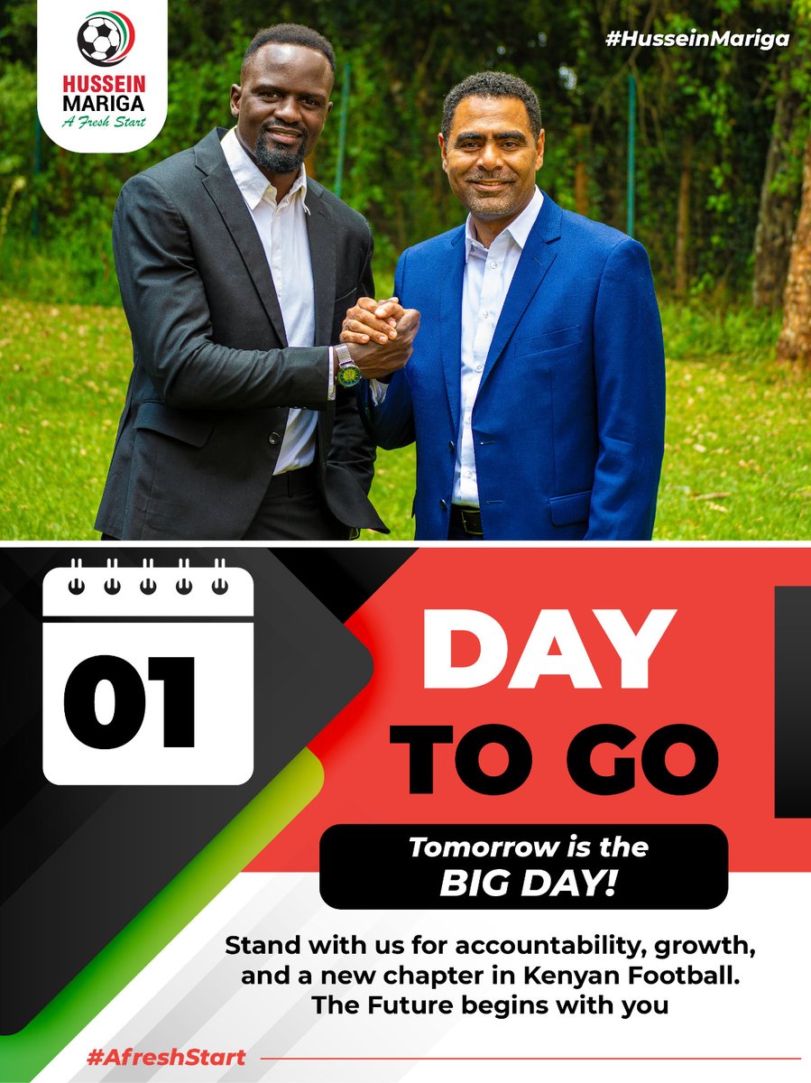 husseinmoha's tweet photo. Kenyan football is at a crossroads. Will you choose progress or let it sink further into mediocrity? Delegates, the future is in your hands. Vote Hussein and @MarigaOfficial for A Fresh Start! Let’s revive the game we all love. 🇰🇪⚽

#AFreshStart #HusseinMariga #FKFElections https://t.co/Vs7oA2XWBA