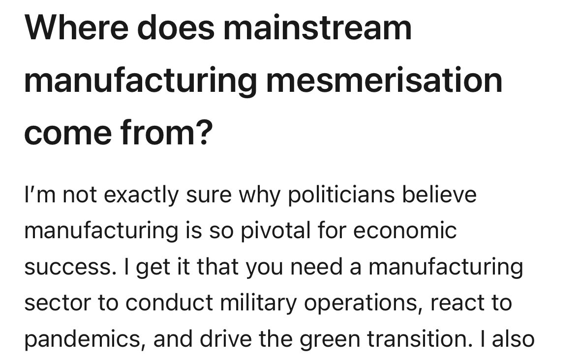 Where does manufacturing mania come from?
✍️extract: my May2024 Factful Friday
👉I’m not sure why G7 politicians believe manuf is so pivotal for economic success
❗️YES, you need a manuf to conduct military operations, react to pandemics, &amp; drive the green transition. 
❗️YES,