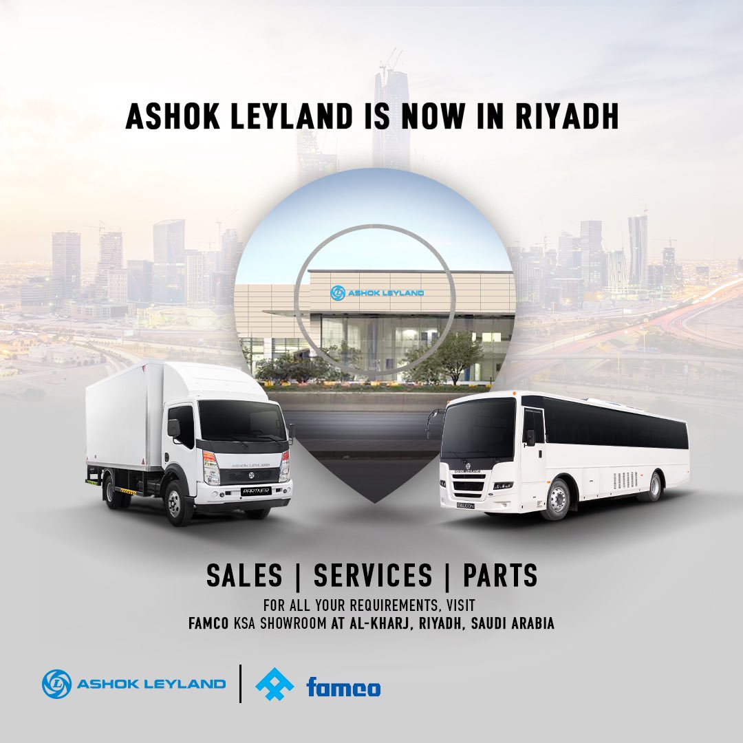 FamcoSaudi's tweet photo. Accelerate success with Ashok Leyland, now part of FAMCO KSA! Discover our range of commercial vehicles and construction equipment with unmatched sales and service support.​

Reach out to us: 800 1244414

#WeAreAlfuttaim #Alfuttaim #AshokLeyland https://t.co/0PuC5UO59a