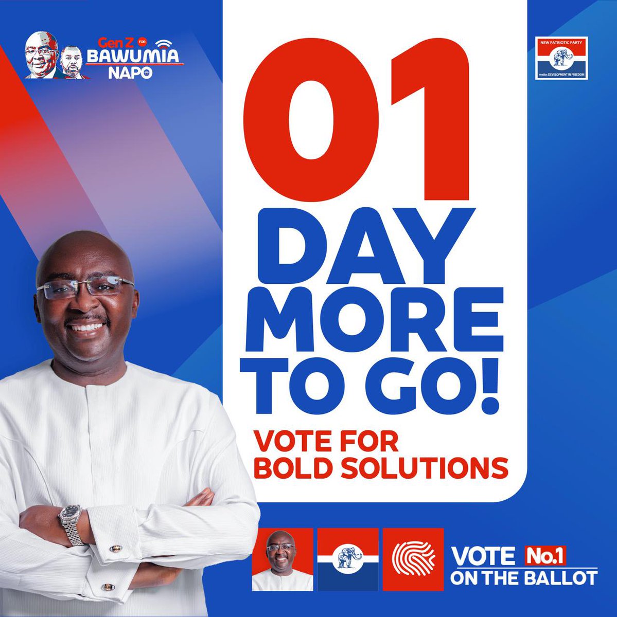 GenZForBawumia's tweet photo. Gen Z, the countdown is ON! ⏳🔥

🗳️ 1 𝘿𝘼𝙔 𝙏𝙊 𝙂𝙊❗
🎯 This Saturday, let’s make history. Vote Dr. @MBawumia for bold solutions, big ideas, and a brighter future! 🌟💡

The future is ours—let’s own it! ✨🙌

#VoteBawumia #BoldSolutions #ItIsPossible 🚀 https://t.co/bS4IPnj5cd