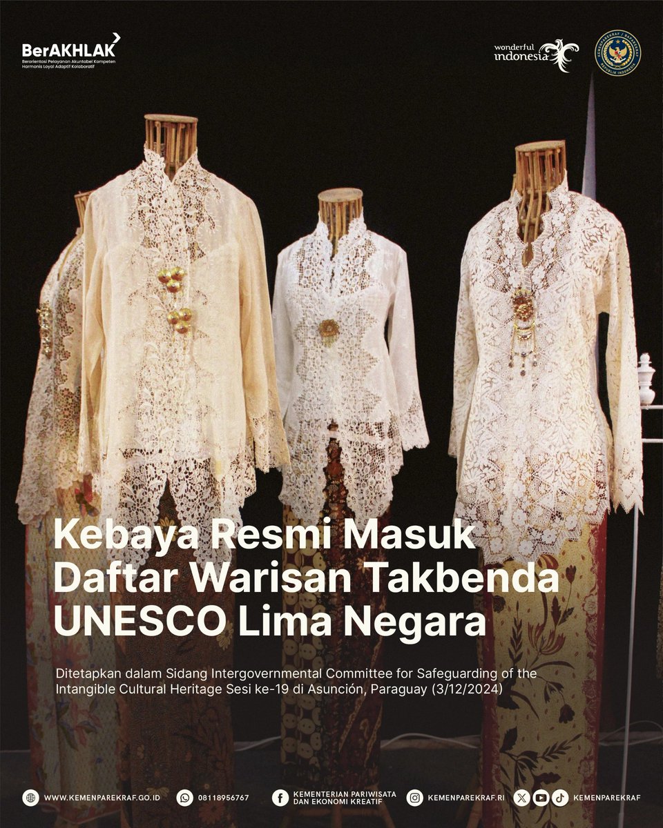 KemenPariwisata's tweet photo. 🎉 Kebaya Resmi Jadi Warisan Budaya Dunia! 🌏✨

UNESCO telah menetapkan kebaya sebagai Warisan Budaya Takbenda Kemanusiaan dalam sidang ke-19 di Paraguay. 🇵🇾 

Usulan ini diajukan bersama oleh Indonesia, Brunei Darussalam, Malaysia, Singapura, dan Thailand, menunjukkan semangat persatuan Asia Tenggara! 🌺🤝 

Yuk, kita lestarikan kebaya dengan memakainya dalam berbagai kesempatan!❤️

#WonderfulIndonesia
#PesonaIndonesia