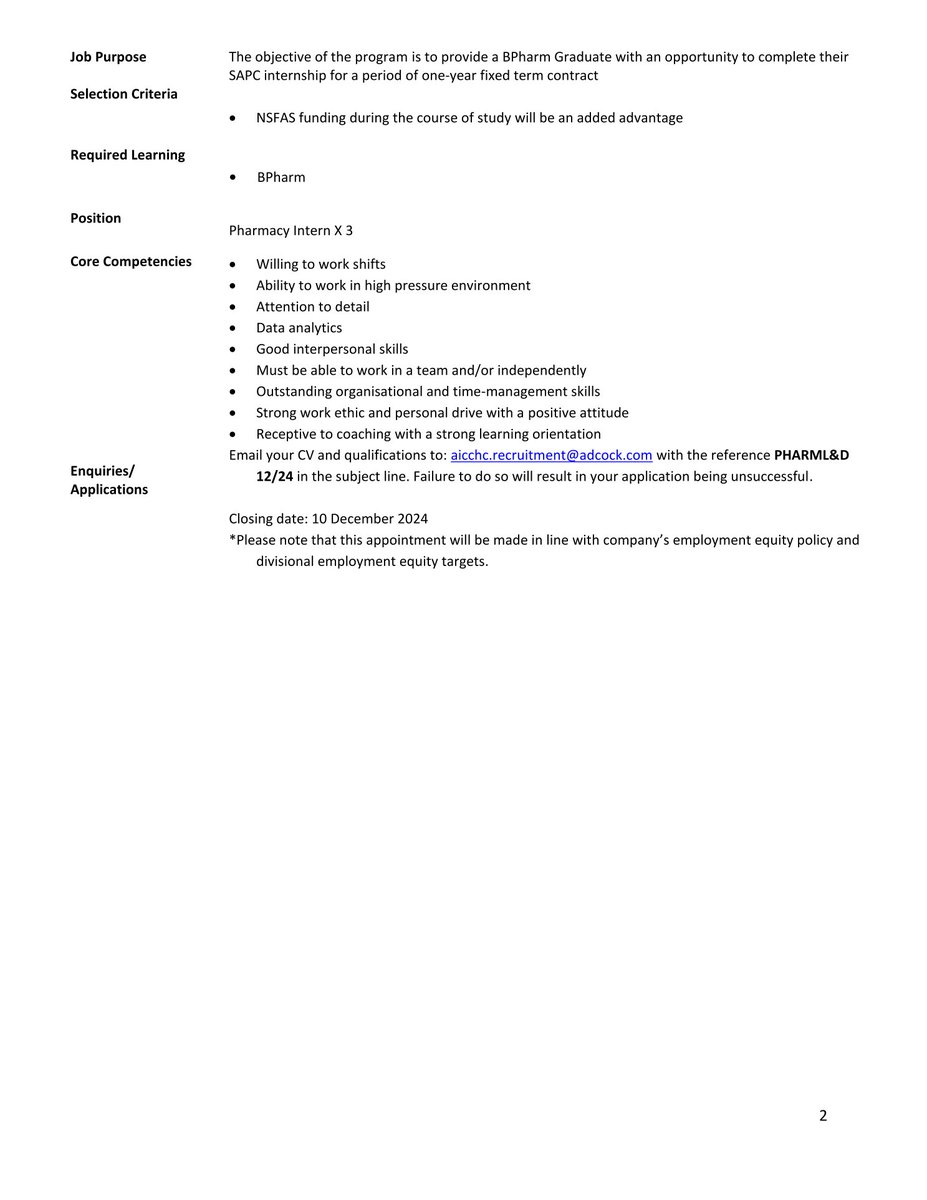 RMakukuli's tweet photo. Adcock Ingram

📌Pharmacy Interns x3

Closing Date 10 December 2024 https://t.co/lOXnekkyRR