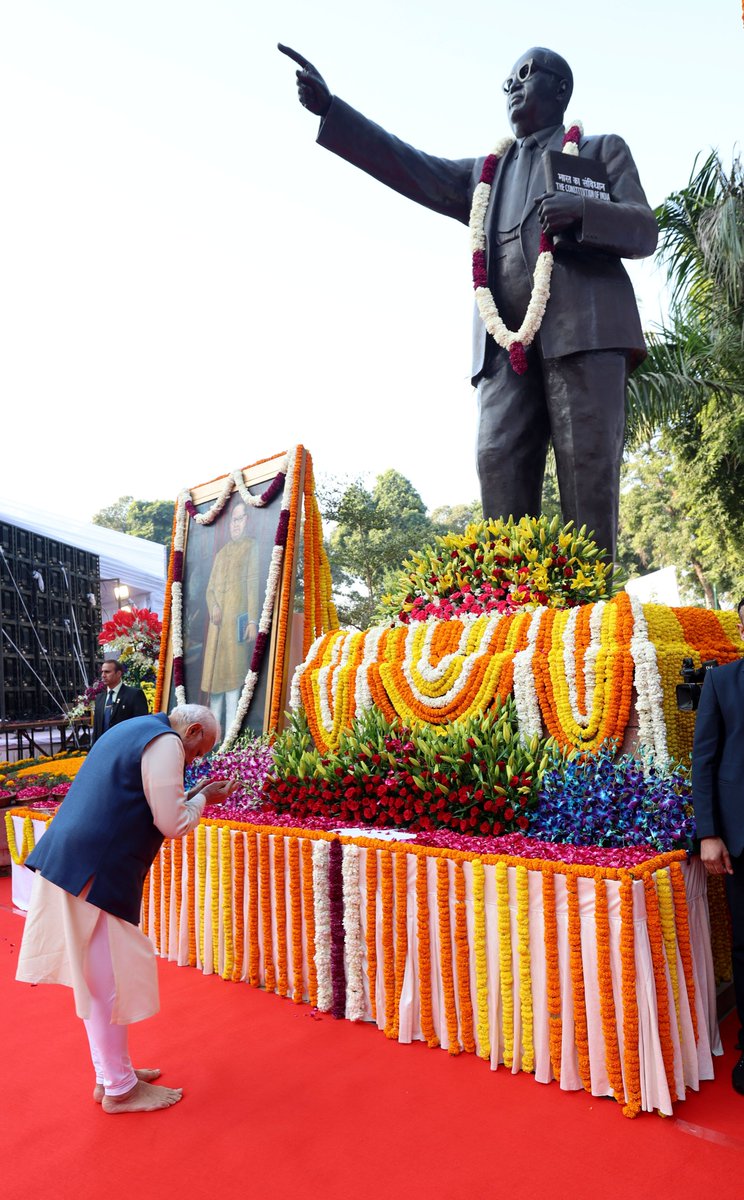 narendramodi's tweet photo. Paid homage to Dr. Babasaheb Ambedkar in Delhi. Mahaparinirvan Diwas is a day of gratitude for his tireless efforts to eradicate social injustice. https://t.co/9cdMTF51Sn