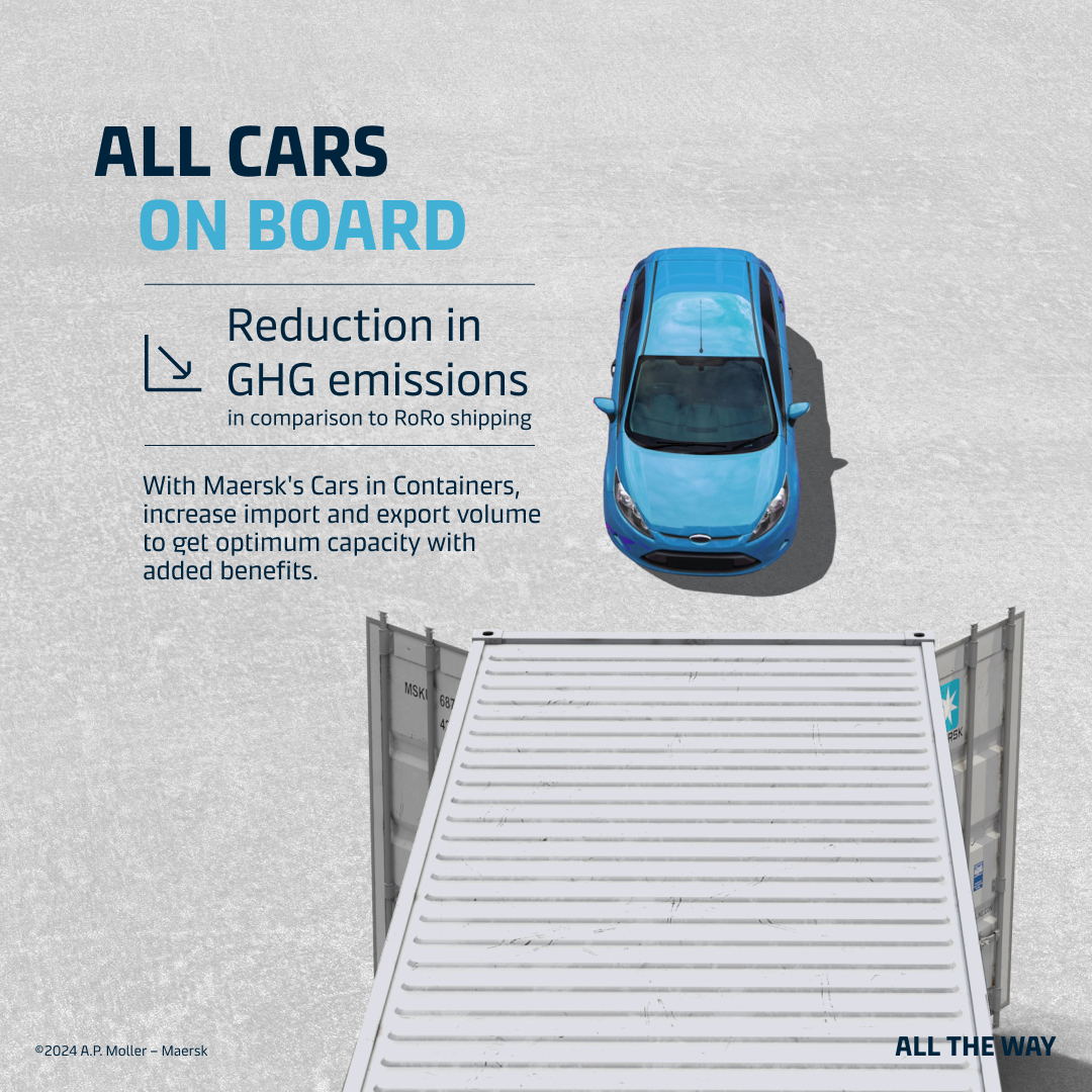 Cars in Containers by Maersk is aimed at improving your GHG emissions footprint by reducing GHG emissions in comparison to the traditional RoRo shipping. With Maersk ECO Delivery, you can also get CO2e saving certificates for your shipment. Learn More spkl.io/6015fZnoz