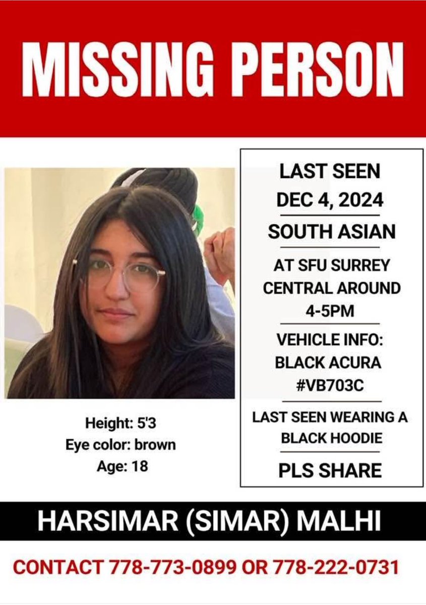 Missing person in Surrey - Simran Malhi - public assistance needed. 
#surreybc #deltabc #fleetwood #simranmalhi #missingperson
