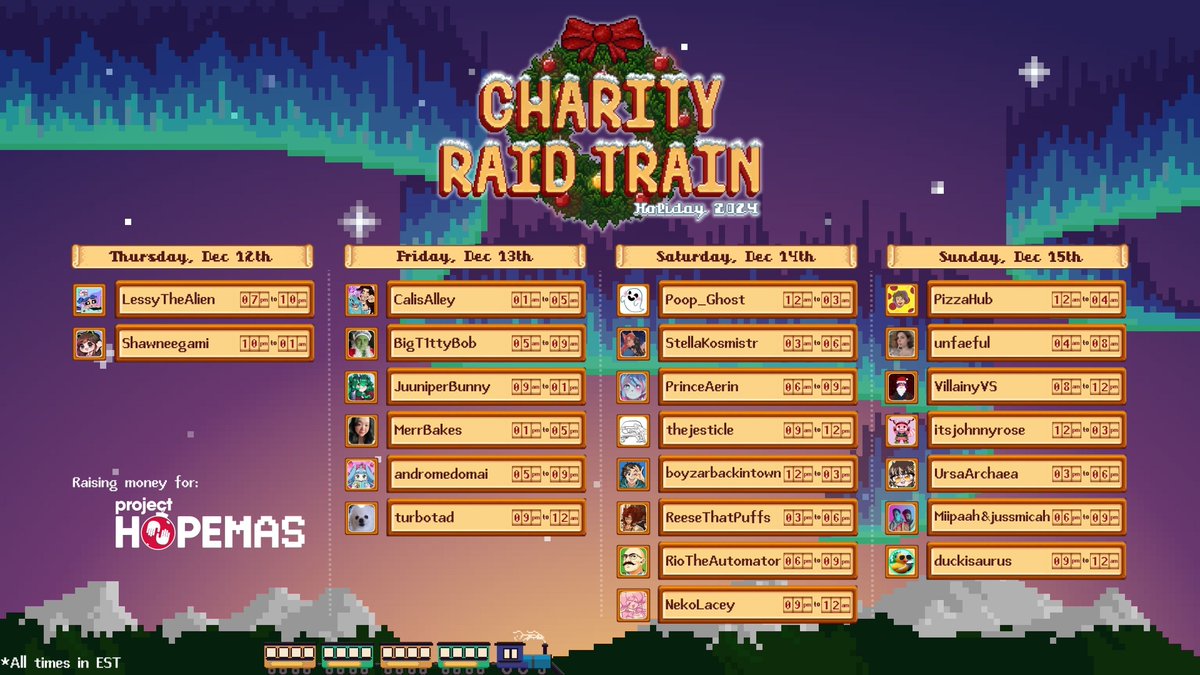 🚂 ALL ABOARD! 🚃 

Join our 24 wonderful streamers this Dec.12th–15th as they take turns guiding the train this #Hopemas!

Each stream will be jam-packed with awesome content &amp; fun incentives to drive us toward our goal of raising $10,000 for @ProjectHOPEorg!