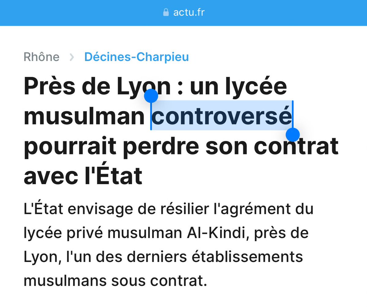 Alkanz's tweet photo. L’islamophobie systémique, c’est quand un média, en l’espèce @actufr, colle « controversé » après musulman parce que musulman.
Interroge le journaliste qui a pondu ce papier, il sera incapable de justifier le choix de ce qualificatif.
Le racisme tranquille https://t.co/cTuS7yMt0j