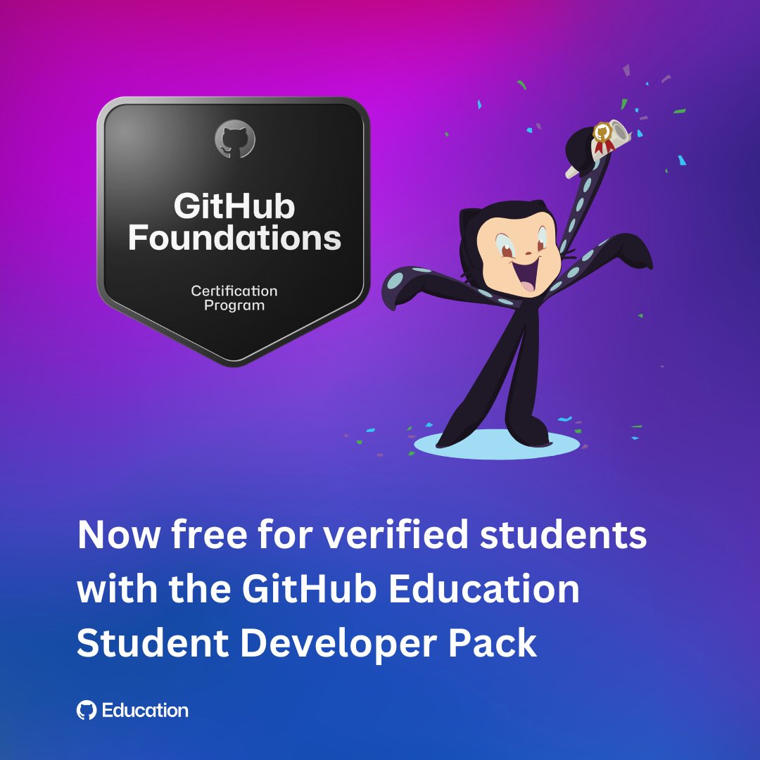 GitHubEducation's tweet photo. Did you know you can get certified in GitHub Foundations, for free, with the GitHub Education Student Developer Pack? 🎒
🔗 https://t.co/CU9Z7YZZ9W https://t.co/2llxbfK17R