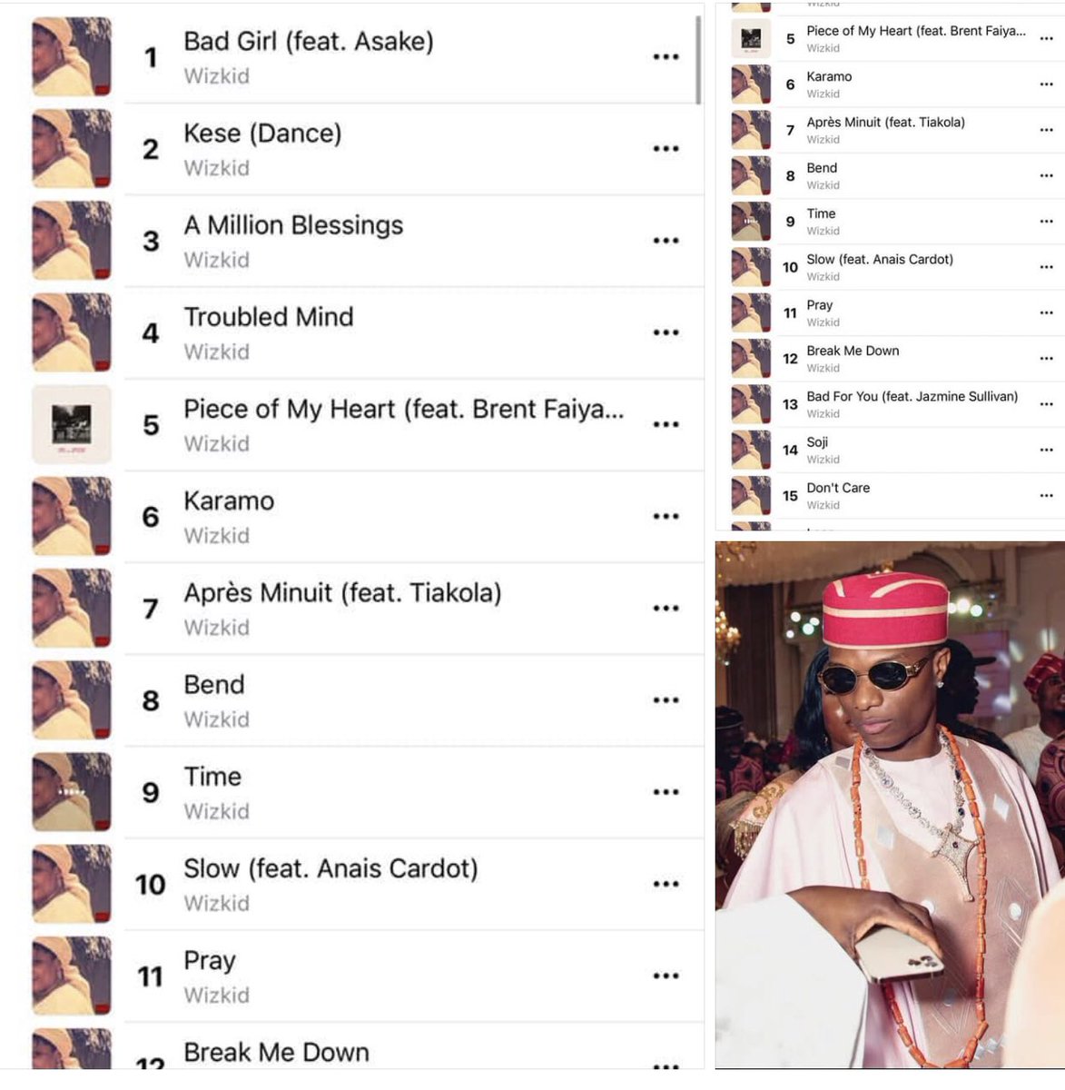Wizkid occupies the entire Top 16 spots on Apple Music Nigeria chart for a record 15 days consecutively with all the songs on Morayo album.