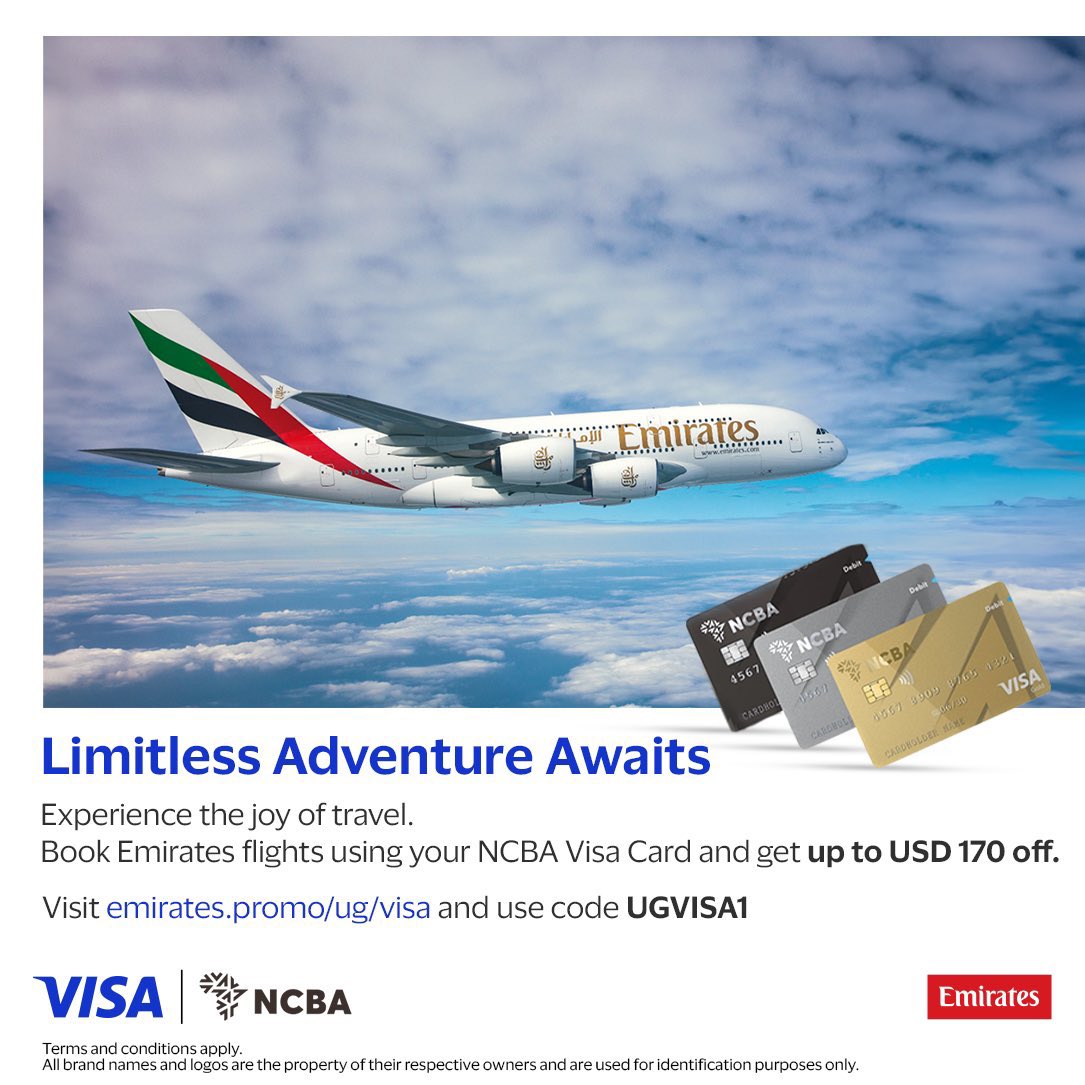 NCBAUganda's tweet photo. Enter the weekend with a ticket to adventure! Use your #NCBAVisaCard today and save up to $170 on Emirates flights. The world is waiting. ✈️
https://t.co/XzX6HG4Bo2 
#gofoit https://t.co/clTblqAVGx