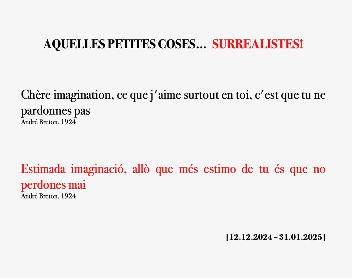 galeriadomenech's tweet photo. NOVA EXPOSICIÓ
"Aquelles petites coses (V)... SURREALISTES!"
•
DATES:
[12.12.2024 - 31.01.2025]
•
#Surrealism #AndréBreton #100thAnniversary #FirstSurrealistManifesto #BenjaminPalencia #ManRay #VictorBrauner #AndréMasson …
@ArtBarcelona_As https://t.co/IdSBZXDW1c