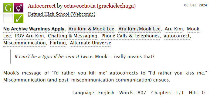 grackielechuga's tweet photo. Fic Update | Autocorrect
Just some good, old-fashioned miscommuncation.
#refundhighschool #mookxaru #mooklee #arukim
https://t.co/IqBJz4sUsc https://t.co/4cEjtvu49V