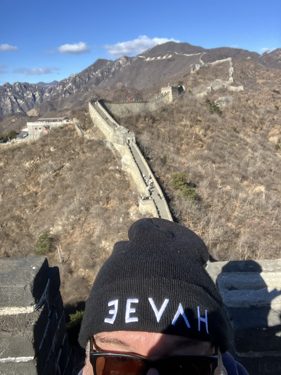 davemullender's tweet photo. A visit to the Forbidden city in Beijing and then the Great Wall of china with head warming merch courtesy of @eevahmusic https://t.co/fF6J6gN8ig