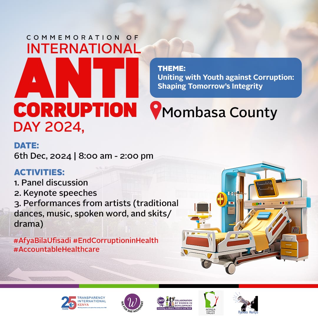 AjendaKenya's tweet photo. Integrity starts with you! Join us today for International Anti-Corruption Day 2024 as we unite to fight corruption and advocate for accountable healthcare.
#AfyaBilaUfisadi #EndCorruptionInHealth #AccountableHealthcare https://t.co/XLaRDHD6pO
