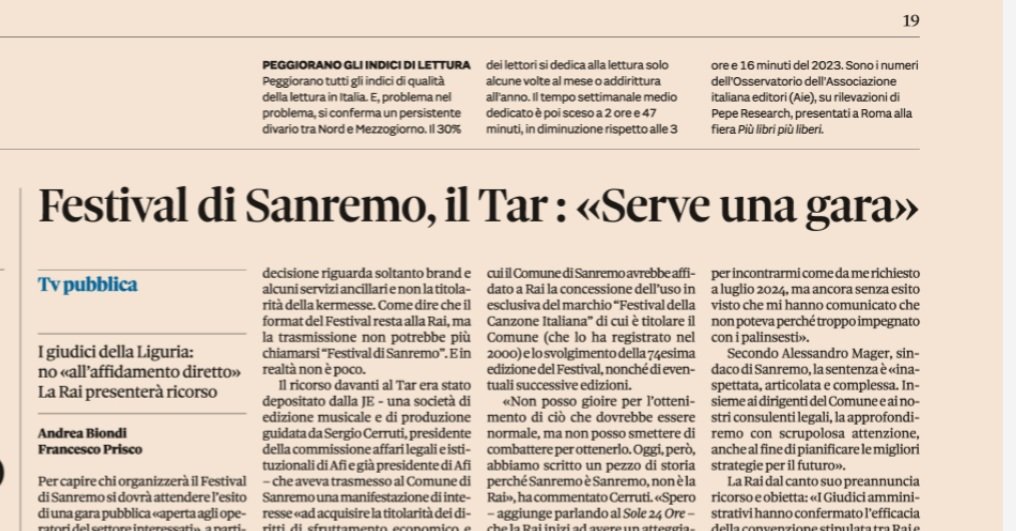Festival di #Sanremo a gara dal 2026. Il format è della #RAI, ma il marchio no, sentenzia il #Tar Liguria. Al netto dell'esito del ricorso certo al Consiglio di Stato, partirà l'attacco al (finora) monopolio della RAI sulla kermesse? Sul <a href="/sole24ore/">IlSole24ORE</a> in #edicola con <a href="/MrPriscus/">Francesco Prisco</a> #TV
