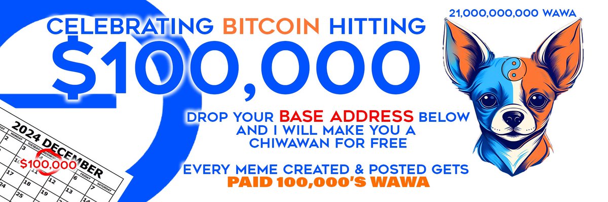 BasedChiwawa's tweet photo. Help us and weβll transfer 100,000 Wawa
#memecoin #Bitcoin #btc #airdrop #BaseChain #pumpNOdump https://t.co/EzAOStvrwA
