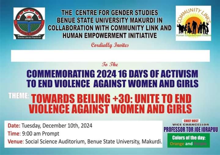 #CLHEI
#16DaysofActivismagainstGBV
#EndViolenceAgainstWomen

Are you in Makurdi?
Do not miss this event...be a part of the discussions as we unite to End Violence Against Women and Girls.