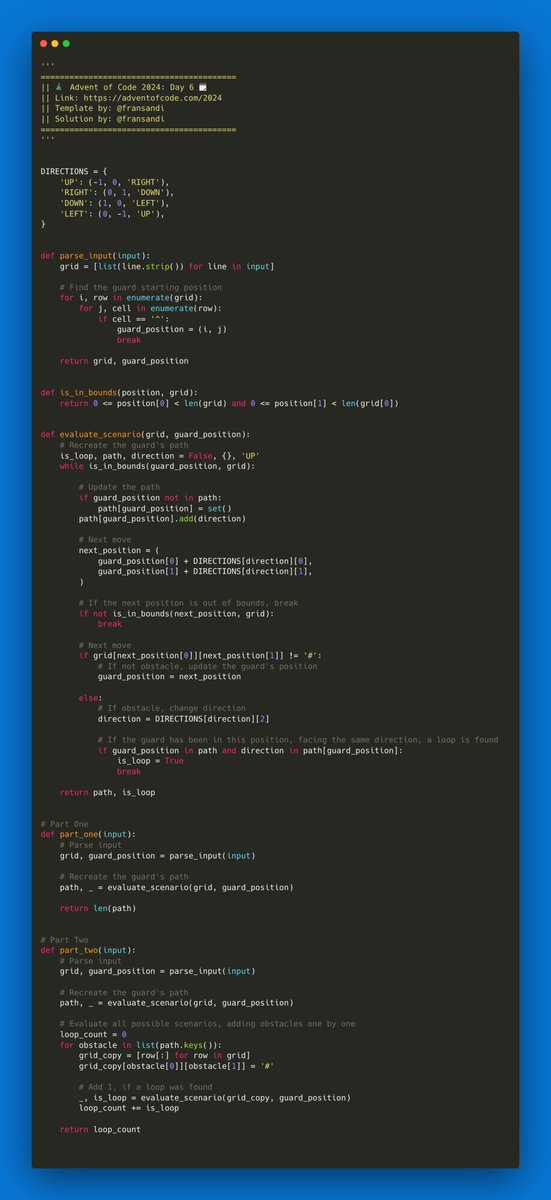 fransandi7's tweet photo. I've completed "Guard Gallivant" - Day 6 - Advent of Code 2024 https://t.co/LmDVgb1cRI #AdventOfCode https://t.co/F1EvJWzCoF