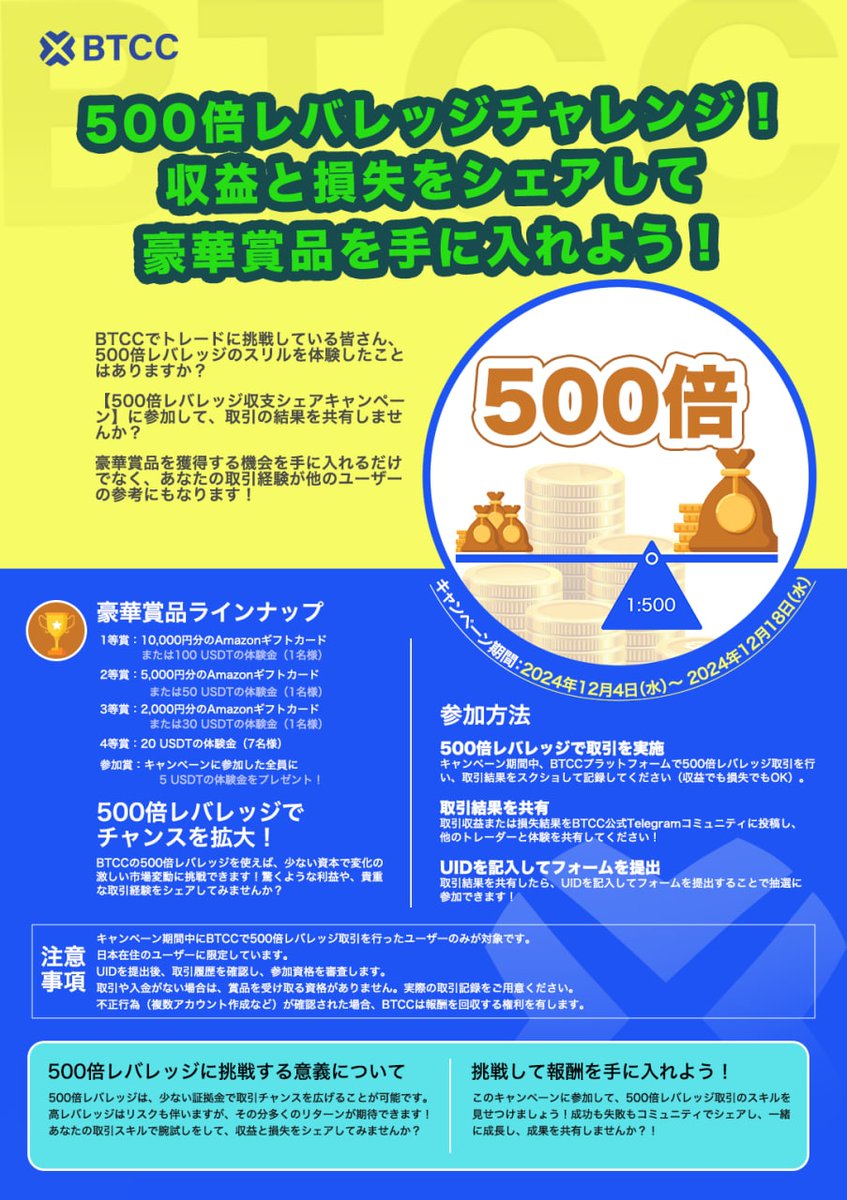 📢 500倍レバレッジチャレンジ！取引結果をシェアして豪華賞品を手に入れよう！🔥 ⏳ キャンペーン期間： 2024年12月4日（水）～  2024年12月18日（水） 🎁 賞品ラインナップ： 🥇 1等賞：10,000円分のAmazonギフトカードまたは100  USDTの体験金（1名様） 🥈 2等賞：5,000 ...