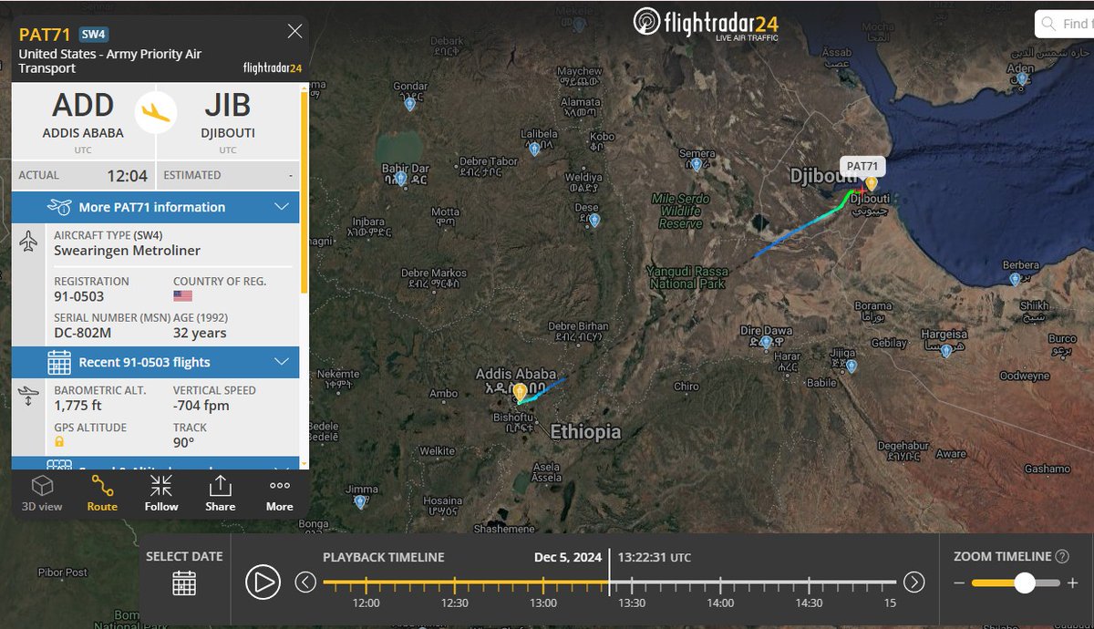Laurent_Le_Bloa's tweet photo. Following its trip to #Hargeysa #Somaliland US Priority Air Transport Swearingen Metroliner #PAT71 yesterday flew to #AddisAbaba #Ethiopia
@Abdi678 @Somaliland31 @WILDRSL @WajaaleMan @westtoeastt @WAAT_Band https://t.co/VOkTtxj6N9