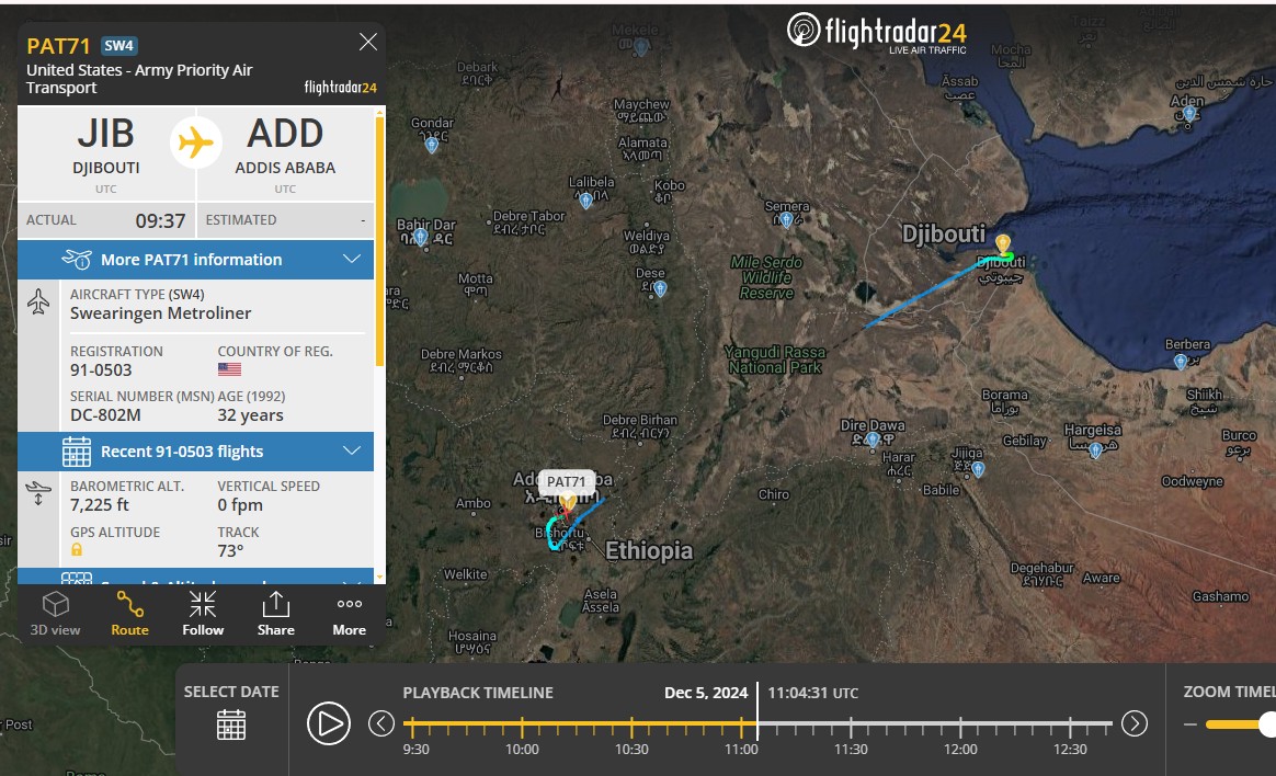 Laurent_Le_Bloa's tweet photo. Following its trip to #Hargeysa #Somaliland US Priority Air Transport Swearingen Metroliner #PAT71 yesterday flew to #AddisAbaba #Ethiopia
@Abdi678 @Somaliland31 @WILDRSL @WajaaleMan @westtoeastt @WAAT_Band https://t.co/VOkTtxj6N9