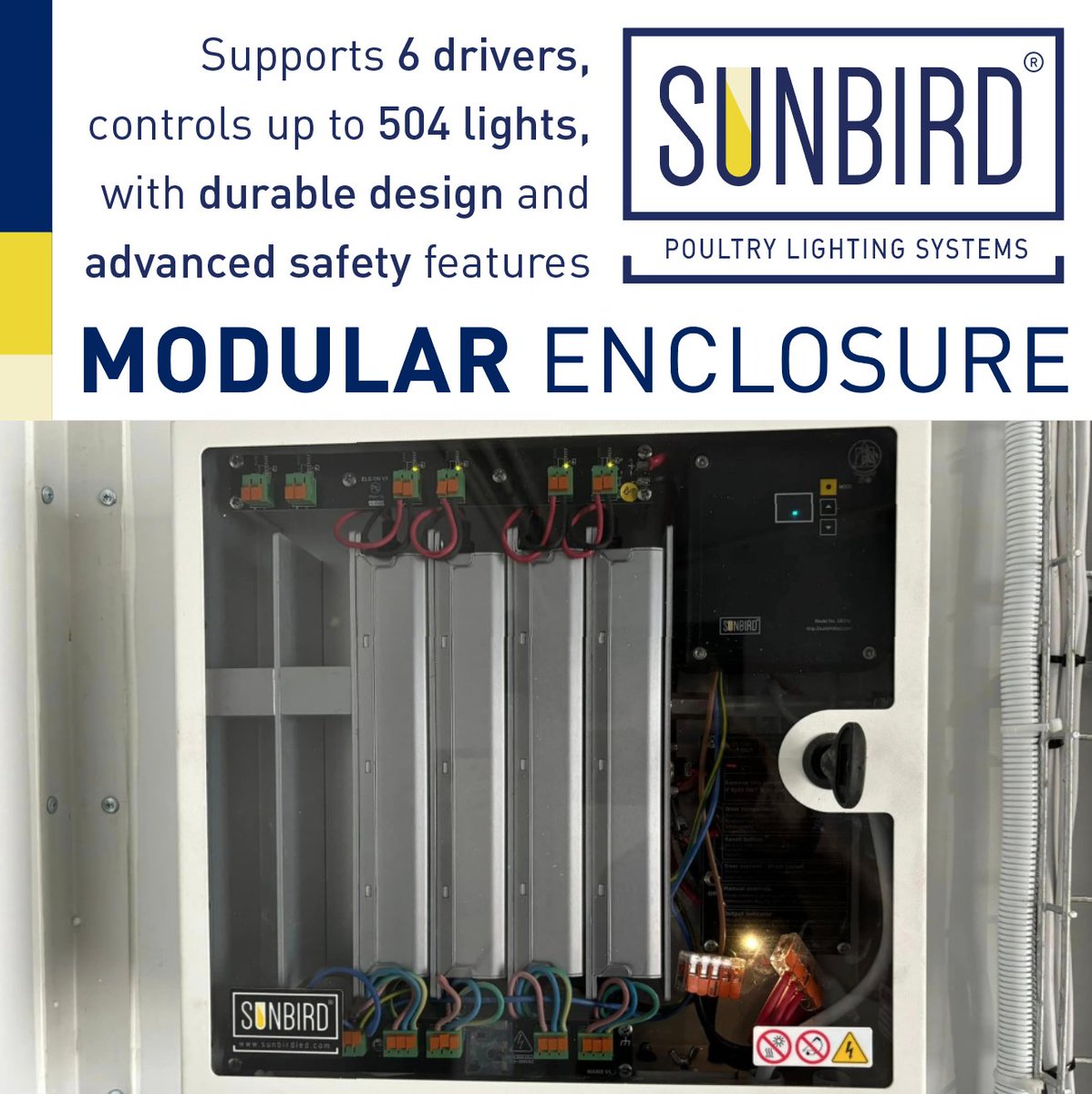 SunbirdLighting's tweet photo. Compact design. Big power.

Our Modular Enclosure supports 6 drivers and manages up to 504 lights, delivering dependable performance with advanced safety features for peace of mind. Built tough for modern poultry operations.

#sunbirdLED #poultyfarming #FarmSolutions https://t.co/herDidmEoJ