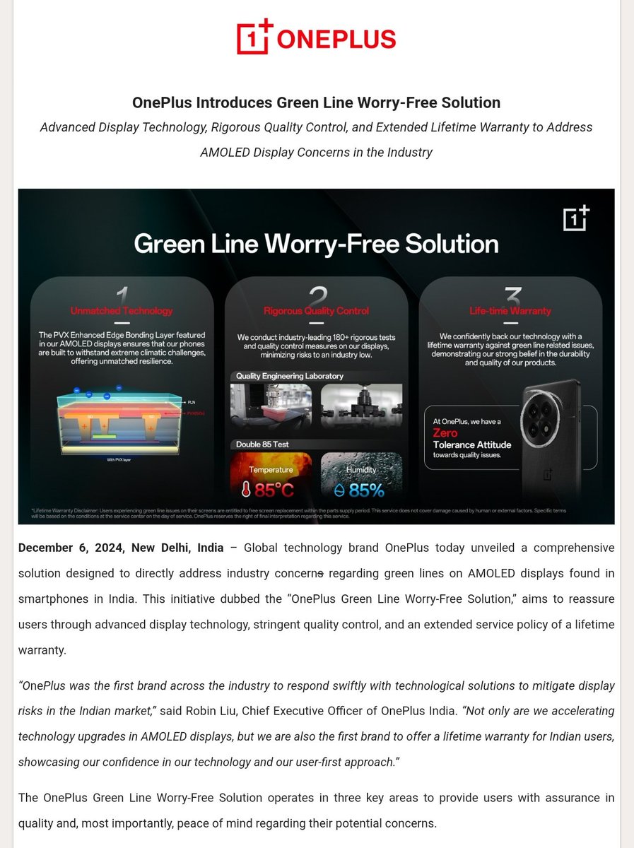 techforconsumer's tweet image. OnePlus now offers a lifetime warranty on green line display issues. 👏