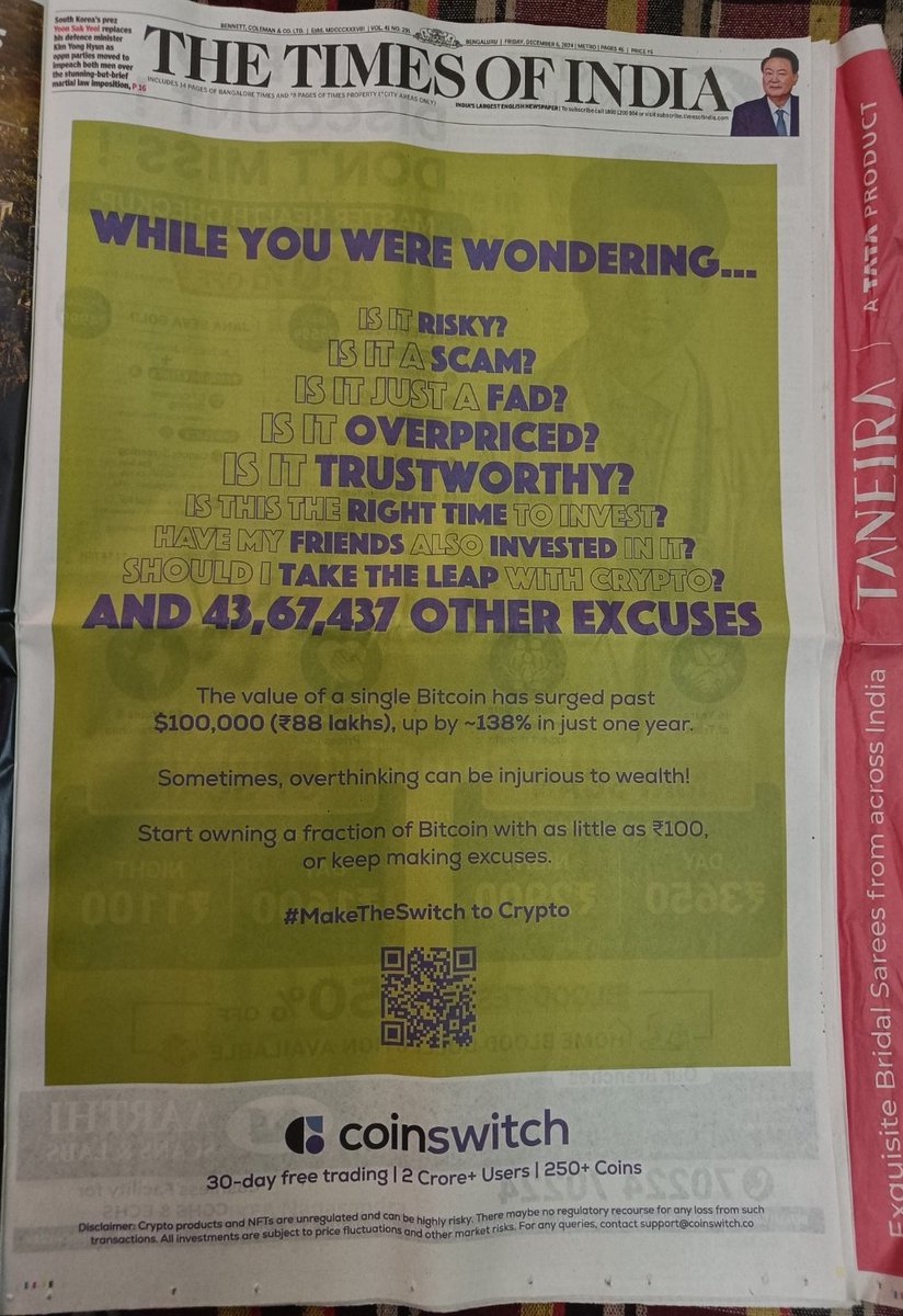 KhapreVishal's tweet photo. If some had invested 60000 in MRF in 2009 it would be worth ₹13 lakhs now

But If someone had invested ₹50 in bitcoin in 2009 it would become ₹82 lakhs now

@CoinSwitch correctly said in their newspaper 
Overthinking won't create wealth. Focus on action and smart decisions instead.