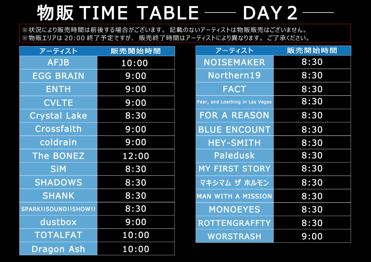 REDLINE_TOUR's tweet photo. 【GOODS info】

-- アーティストグッズ販売開始時間 --

各日画像の時間を目安に
各アーティスト販売開始予定です。
( 記載のないアーティストは物販販売はございません)

※状況により販売時間は前後する場合がございます。

※物販エリアは 20:00 終了予定ですが、 販売終了時間はアーティストにより異なります。 ご了承ください。

※アーティストの販売グッズについてはお答えできかねますので、各アーティストへお問い合わせください。

#REDLINE