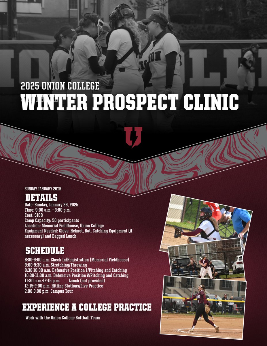Union College Softball (@unioncollegesb) on Twitter photo Our Winter Prospect Camp for grades 9-12 is open for registration!! Don’t miss out on an opportunity to work with the Union Softball coaching staff and current players!! 🥎
Link in Profile
If you have any questions, please reach out to Coach Comino - cominoc@union.edu Our Winter Prospect Camp for grades 9-12 is open for registration!! Don’t miss out on an opportunity to work with the Union Softball coaching staff and current players!! 🥎
Link in Profile
If you have any questions, please reach out to Coach Comino - cominoc@union.edu