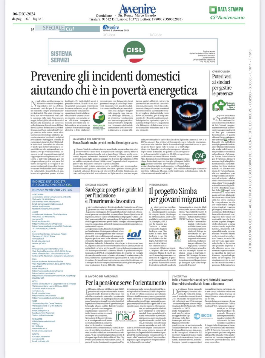 CislNazionale's tweet photo. Bonus Natale, novità e domande frequenti; aggiornamenti sulla previdenza; tutela dei cittadini-consumatori; formazione e lavoro; overtourism; politiche dell’accoglienza e dell’integrazione: di questo e altro si parla nella pagina dei servizi Cisl di @Avvenire_Nei del #6dicembre. https://t.co/XcyHAuWP2N