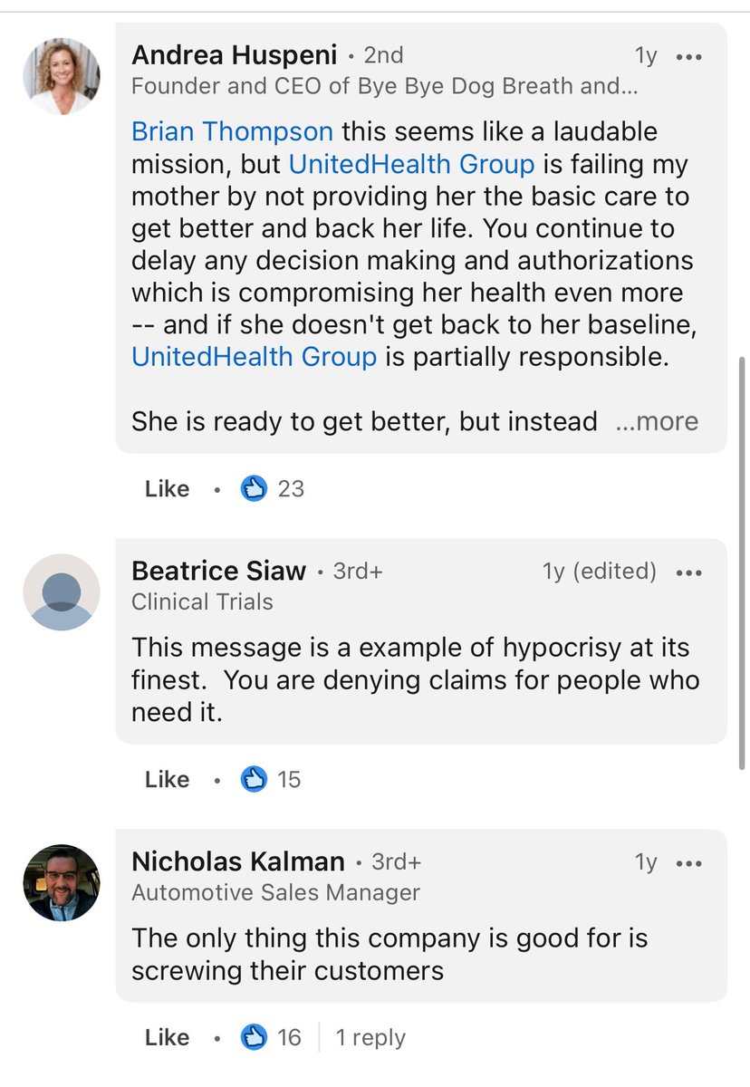 kenklippenstein's tweet image. The replies to Brian Thompson’s last post on LinkedIn — all from before the shooting — are a horror show