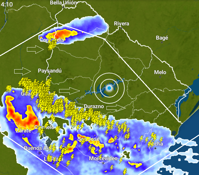 AficionadoMeteo's tweet photo. Evento: (incluye localidades) litoral oeste, suroeste, centro-sur al este. (Tormentas con un mayor potencial de producir rayos frecuentes, lluvias de moderadas e intensas, granizo y/o vientos dañinos, y debe considerarse peligrosa. #Aviso - 410hs. #Adjunta Radar de tormenta. https://t.co/AUXH2IBsUj