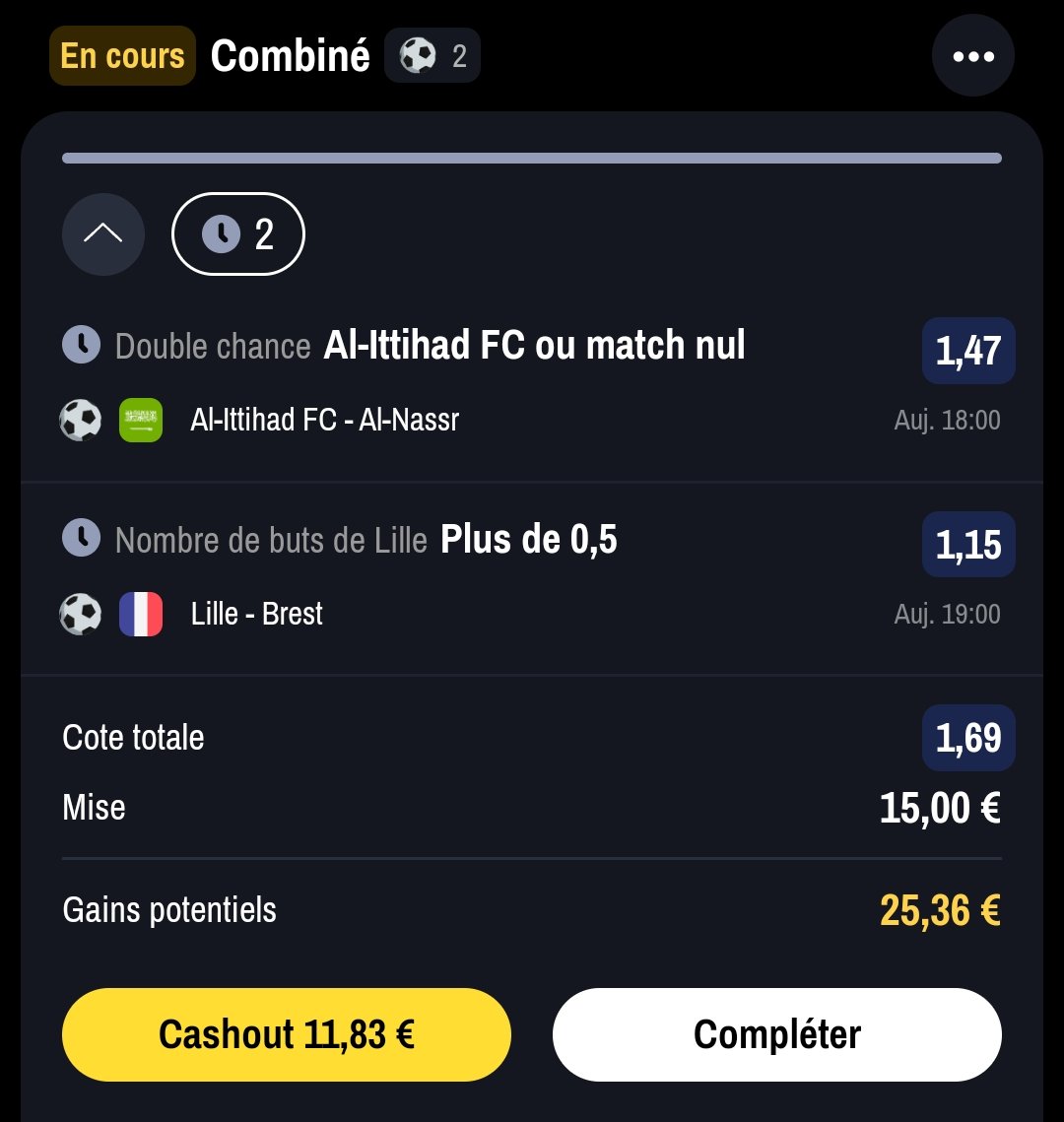 DemsBets's tweet photo. Al-Itthiad ou nul
Nombre de buts de Lille +0.5
Côte : 1.69
Mise : 15€

Al-Itthiad est à 11 victoires et 1 nul sur les douzes matchs de championnat autant dire que s'ils perdent on est maudits...

Ça fait 42 matchs consécutifs que le LOSC marque au moins 1 but à domicile. https://t.co/Fy7Fi8sfV0