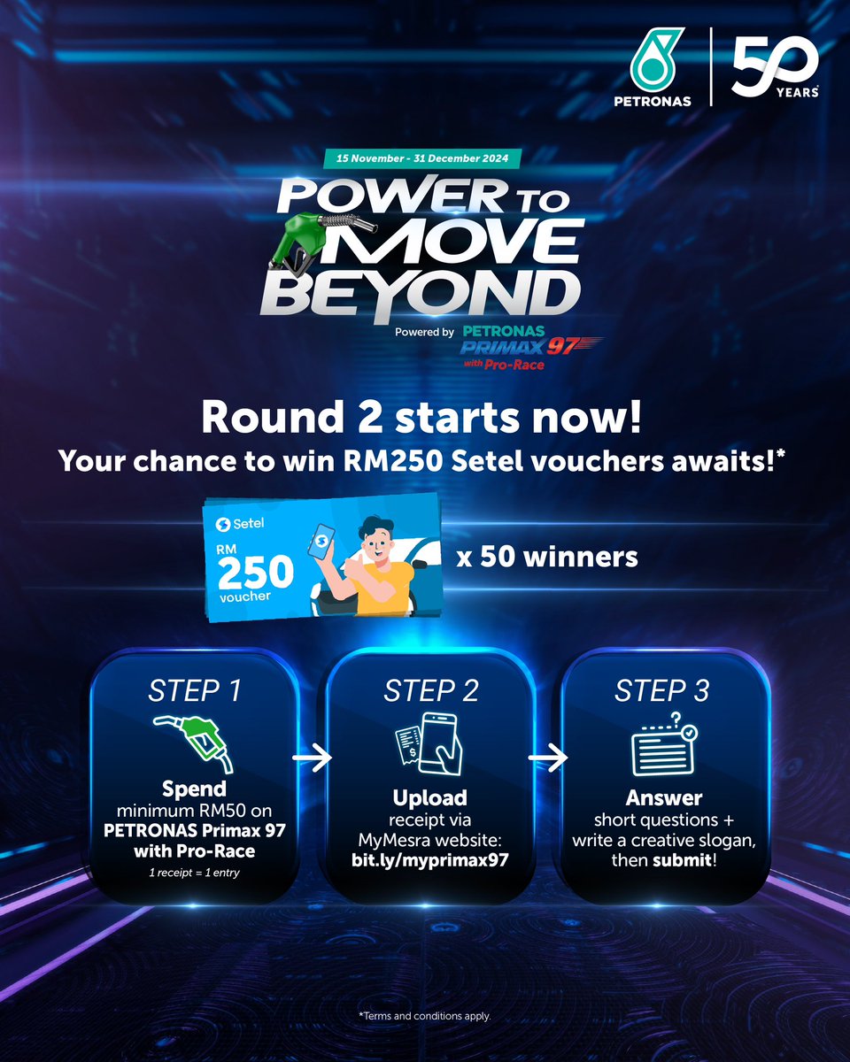 Petronasbrands's tweet photo. Rev up your engines for Round 2!
Fuel up with PETRONAS Primax 97 with Pro-Race from now until 14 December 2024 and submit your receipt here ➡️ https://t.co/BnOT0K673Z. Visit PETRONAS today, experience the Power to Move Beyond and be rewarded! 🏎️💨
#Primax97 #PowerToMoveBeyond https://t.co/OxyTk4g2h5